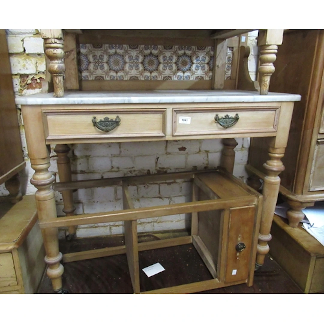 Victorian pine wash stand, with a tiled back and marble top,...