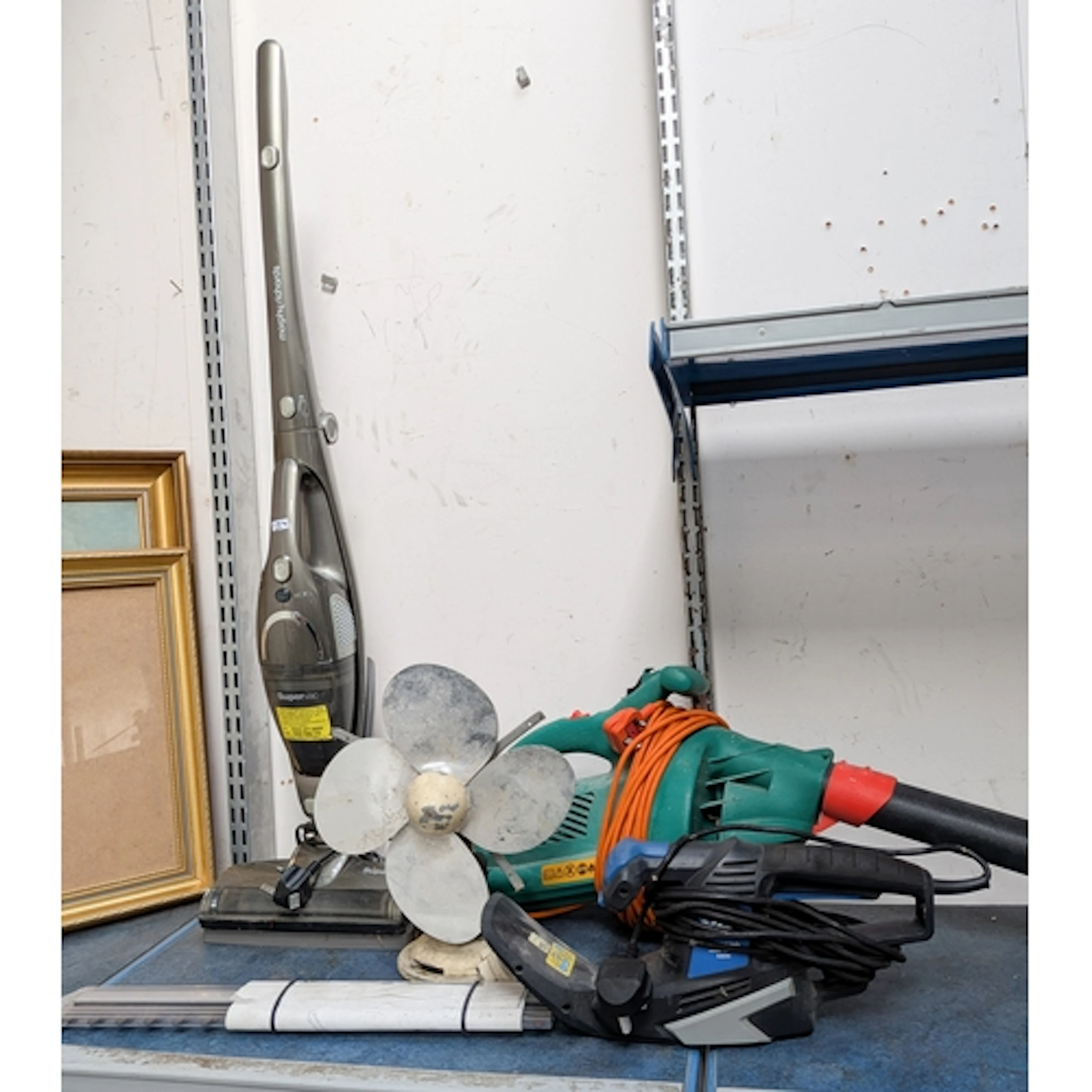 Vintage fan (as found), supervac, leaf blower and a hedge tr...