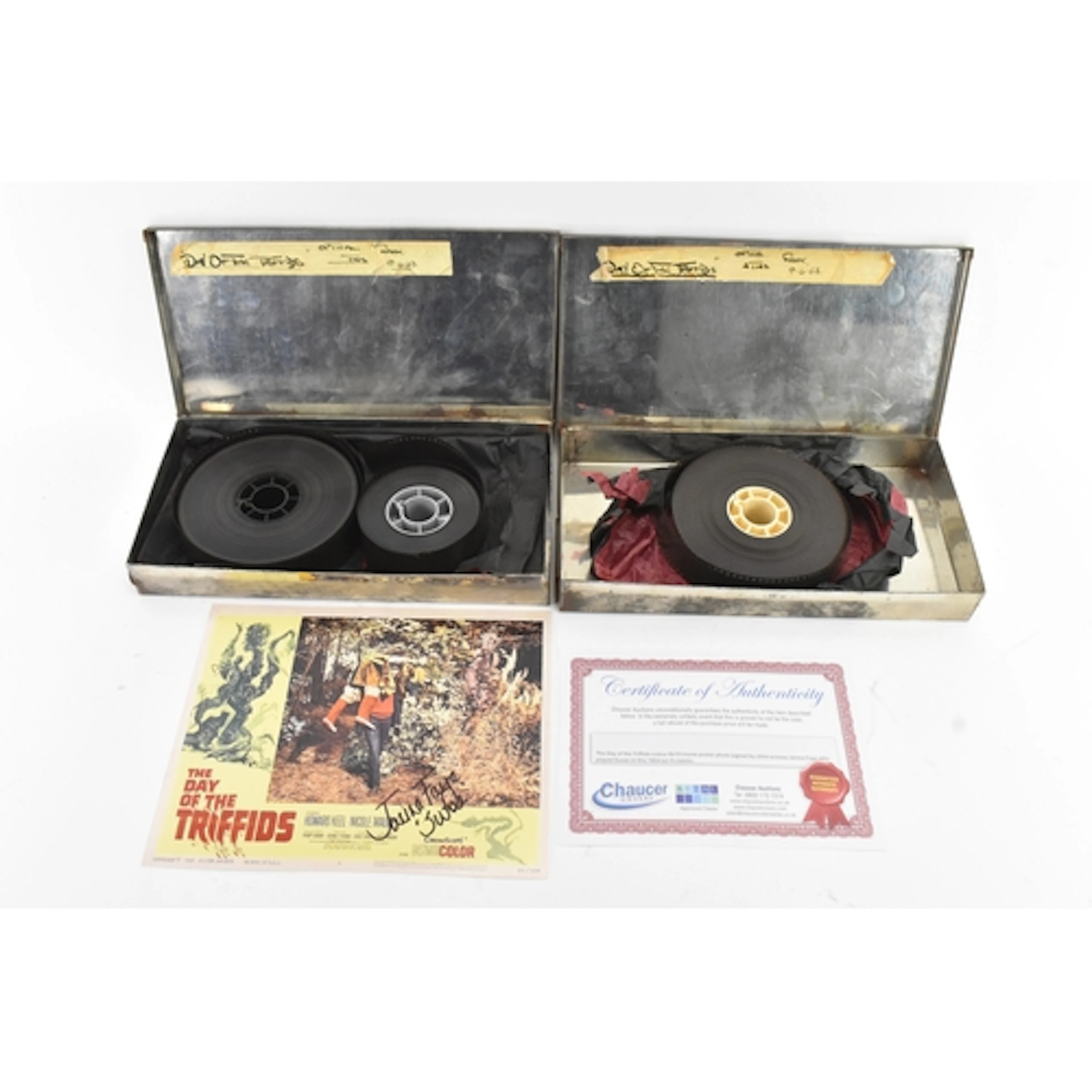 Three The Day of the Triffids film reels, housed in metal ti...