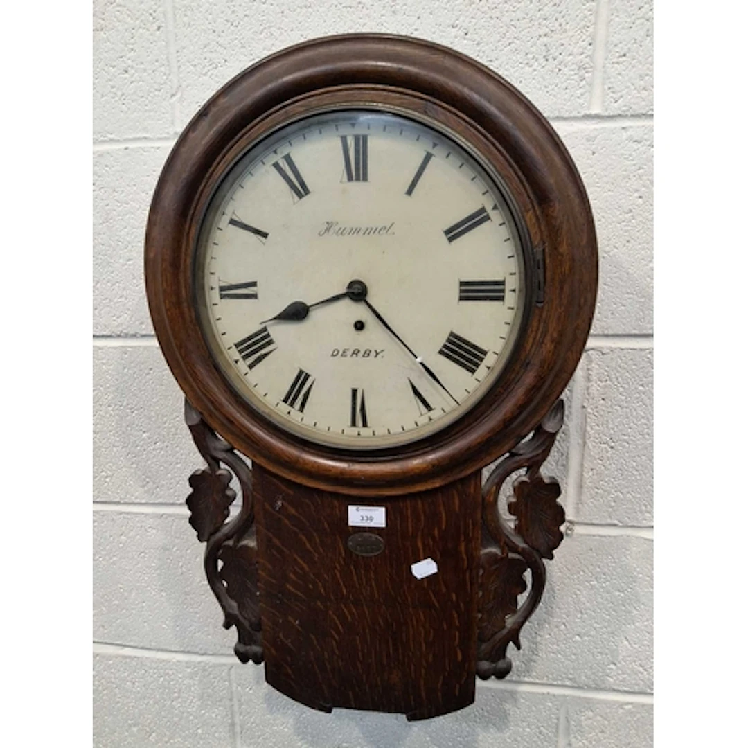 AN EARLY 20TH CENTURY OAK CASED DROP DIAL WALL CLOCK, the gl...