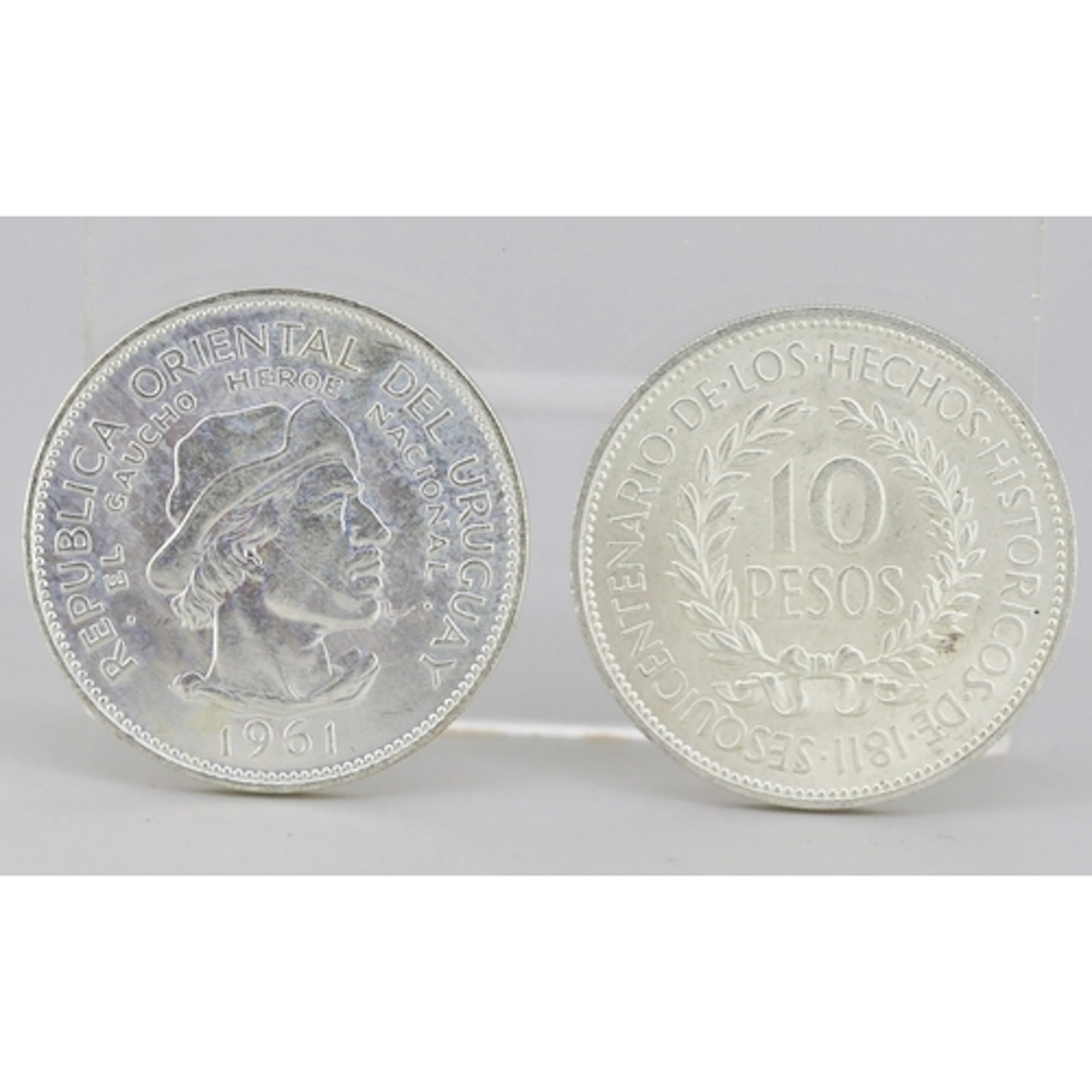 Two Silver Uruguay 10 Pesos Coins 'El Gaucho H�roe Nacional'...