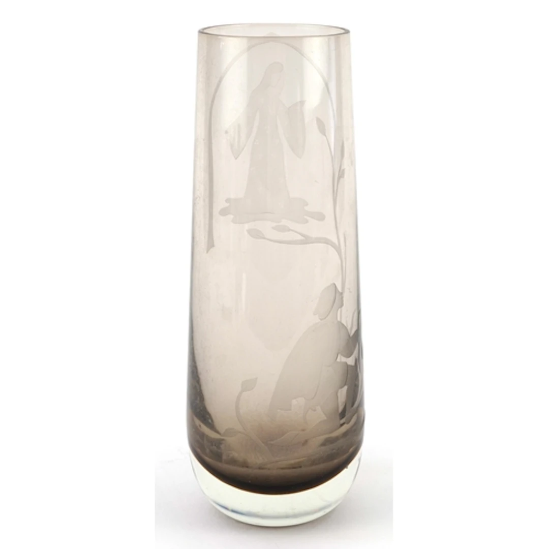Caithness Romeo & Juliet etched glass vase, 22.5cm high.