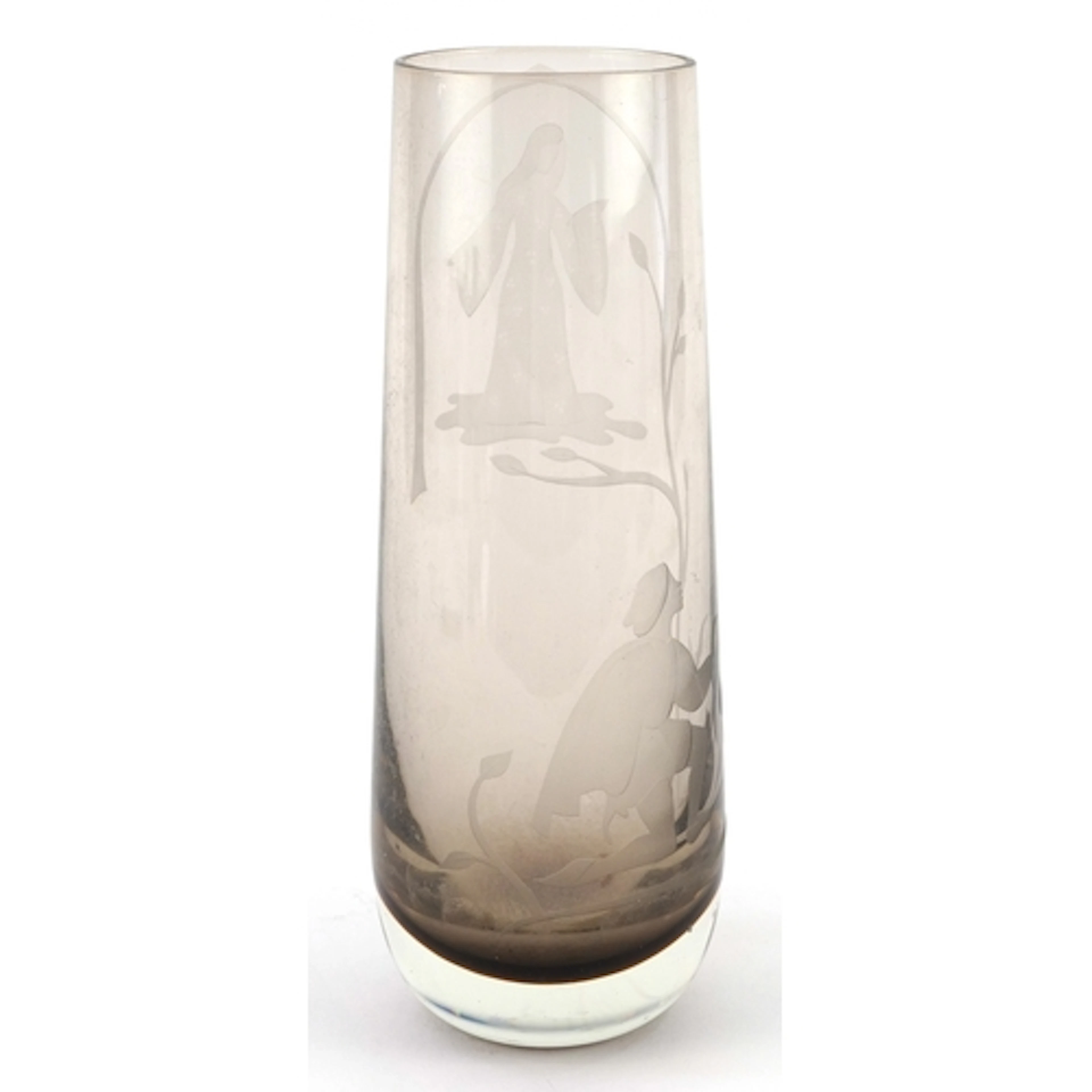 Caithness Romeo & Juliet etched glass vase, 22.5cm high.