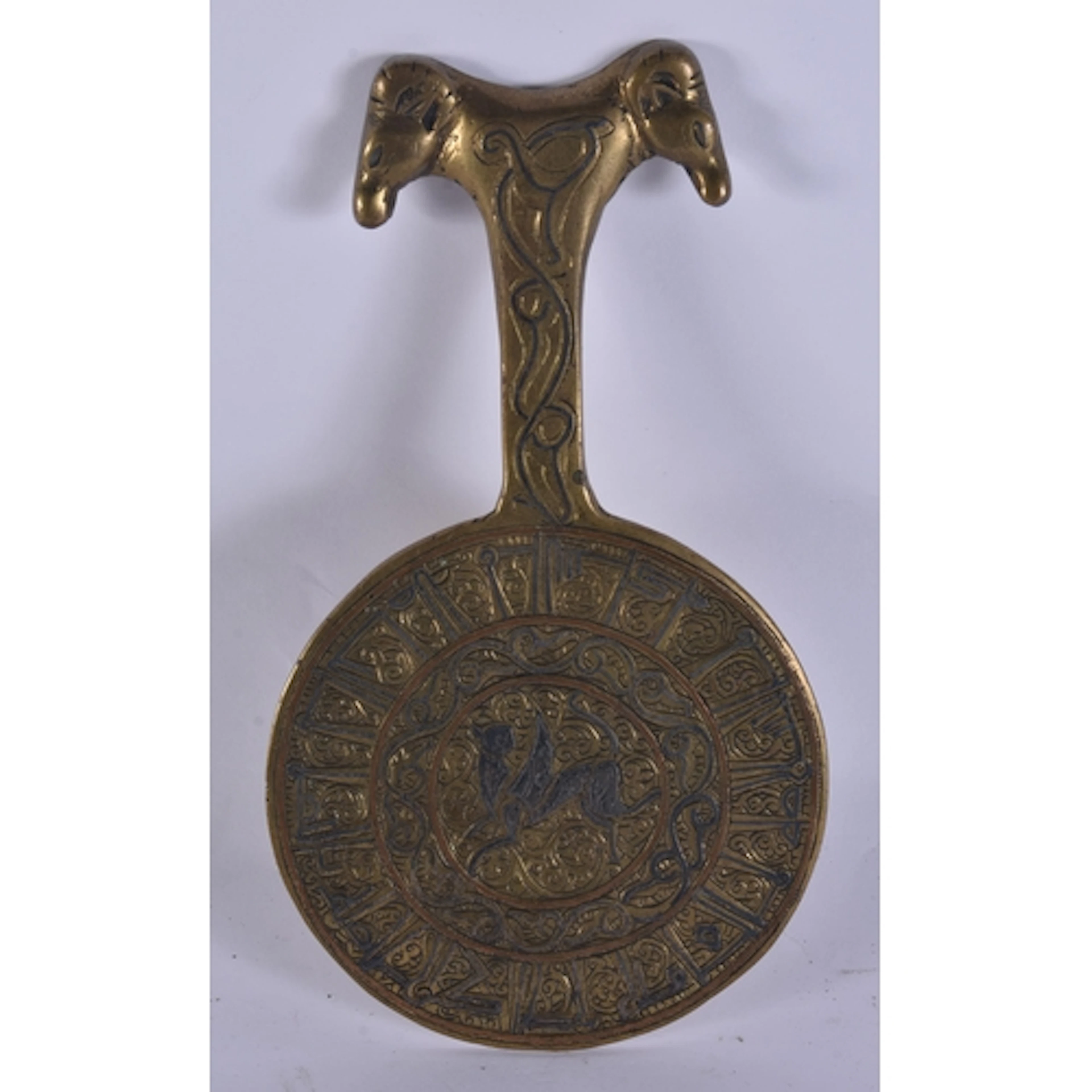 AN ANTIQUE ISLAMIC BRONZE SILVER INLAID MIRROR. 21 cm x 12 c...