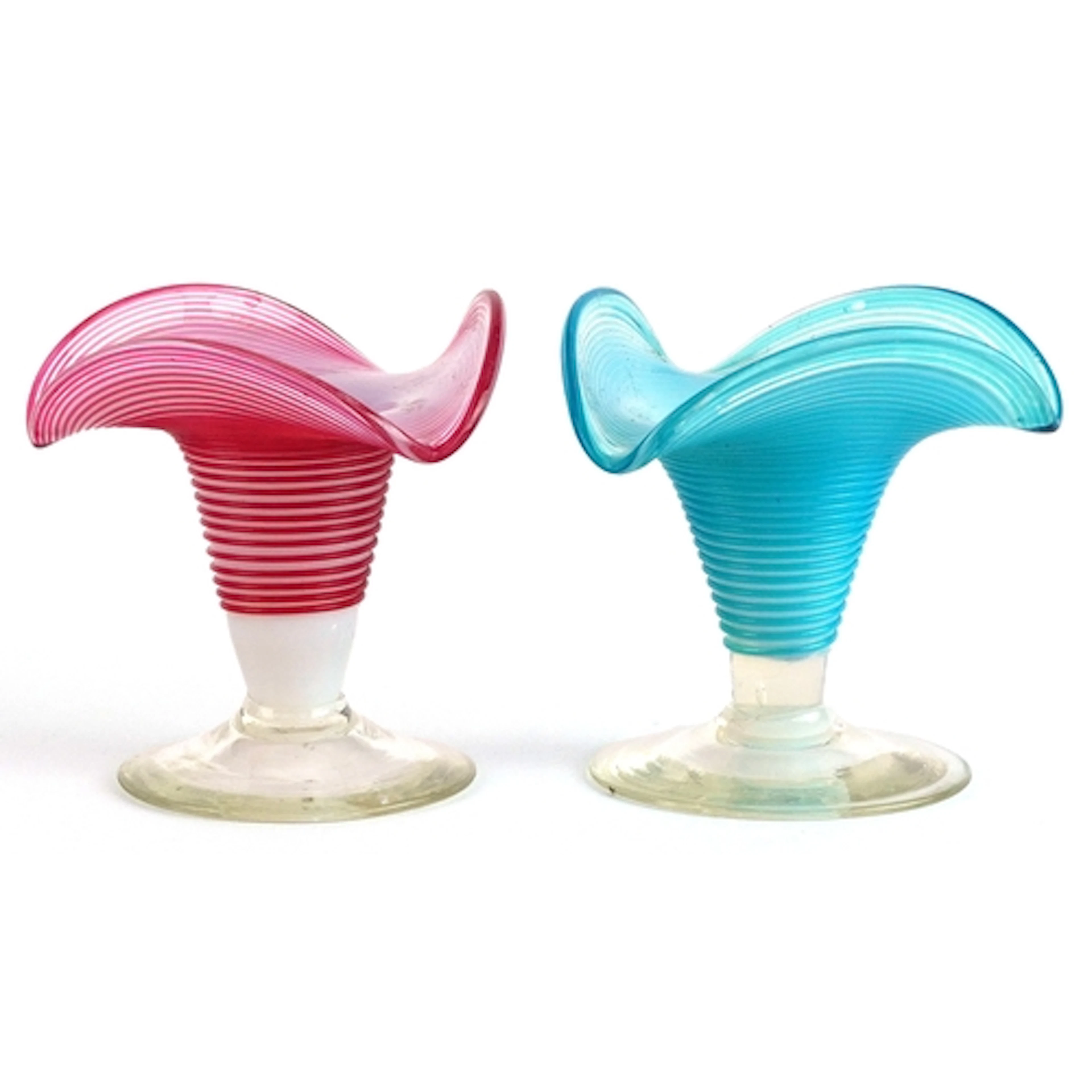 Two Victorian ribbed Vaseline glass candlesticks, 7cm high.