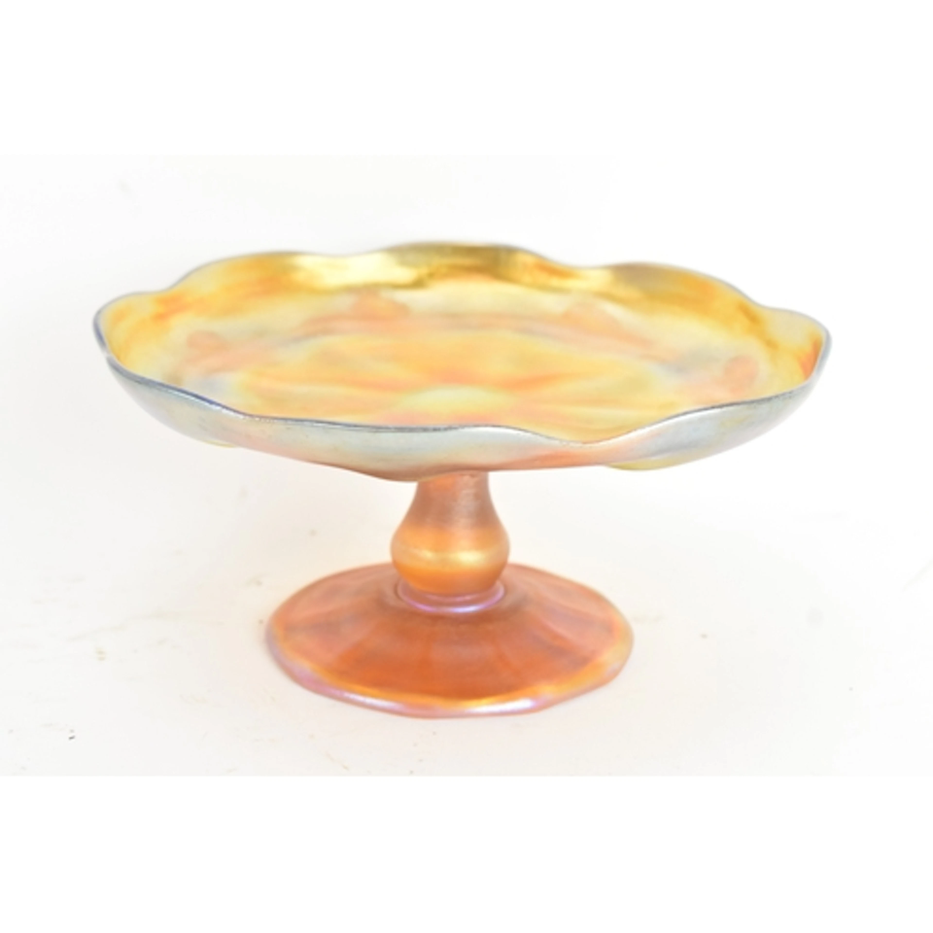 A Favrille glass tazza, the shallow wavy dish with vivid gol...