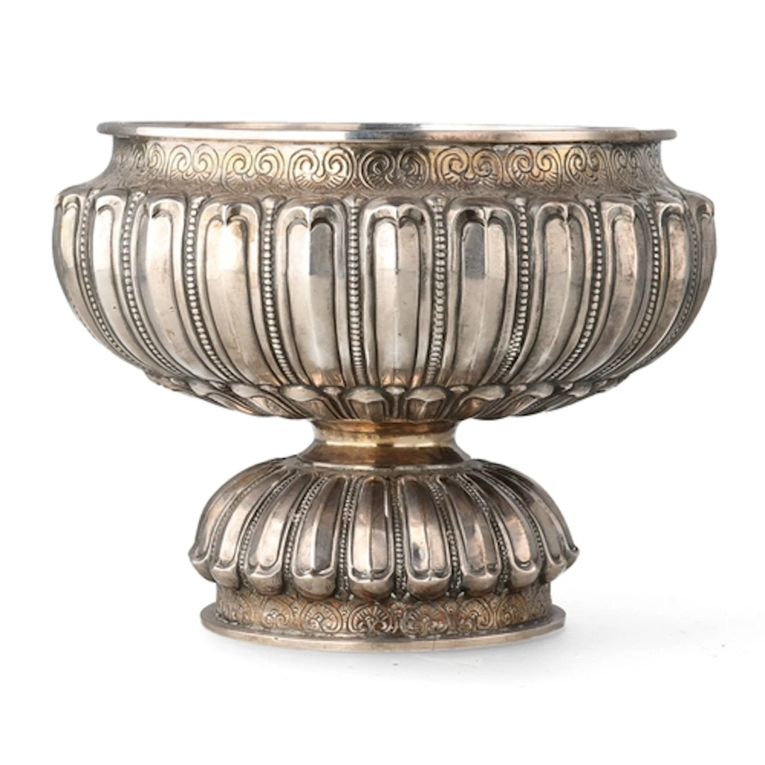 AN EARLY 20TH C LARGE ISLAMIC MALAY SILVER PEDESTAL CUP FORM...