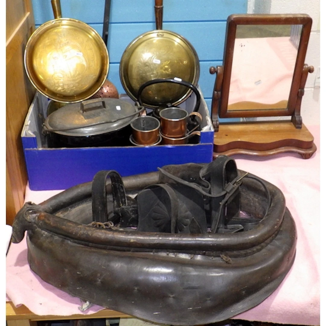 A qty of copper & brassware, horse harness, toilet mirror et...