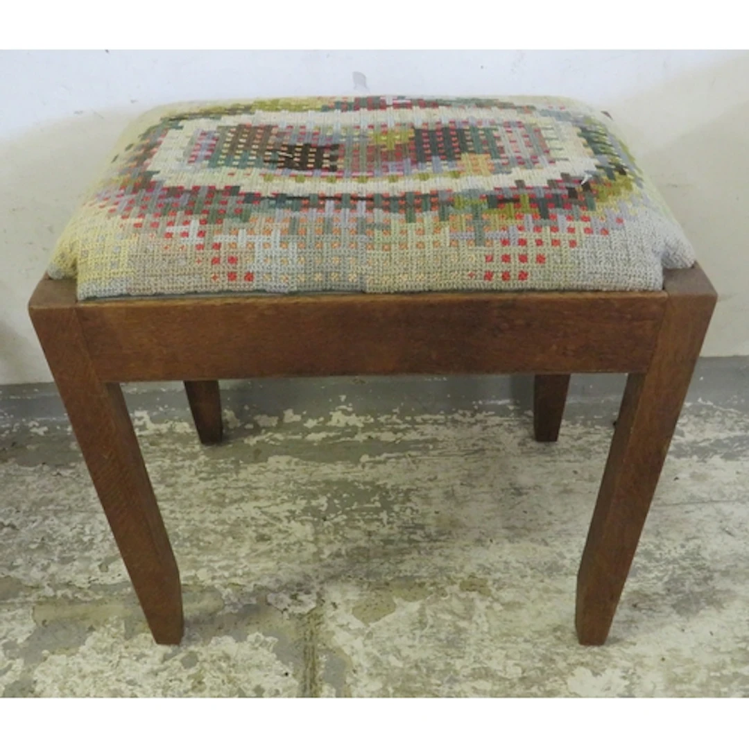 Vintage Dark wooden piano stool with multicoloured upholster...