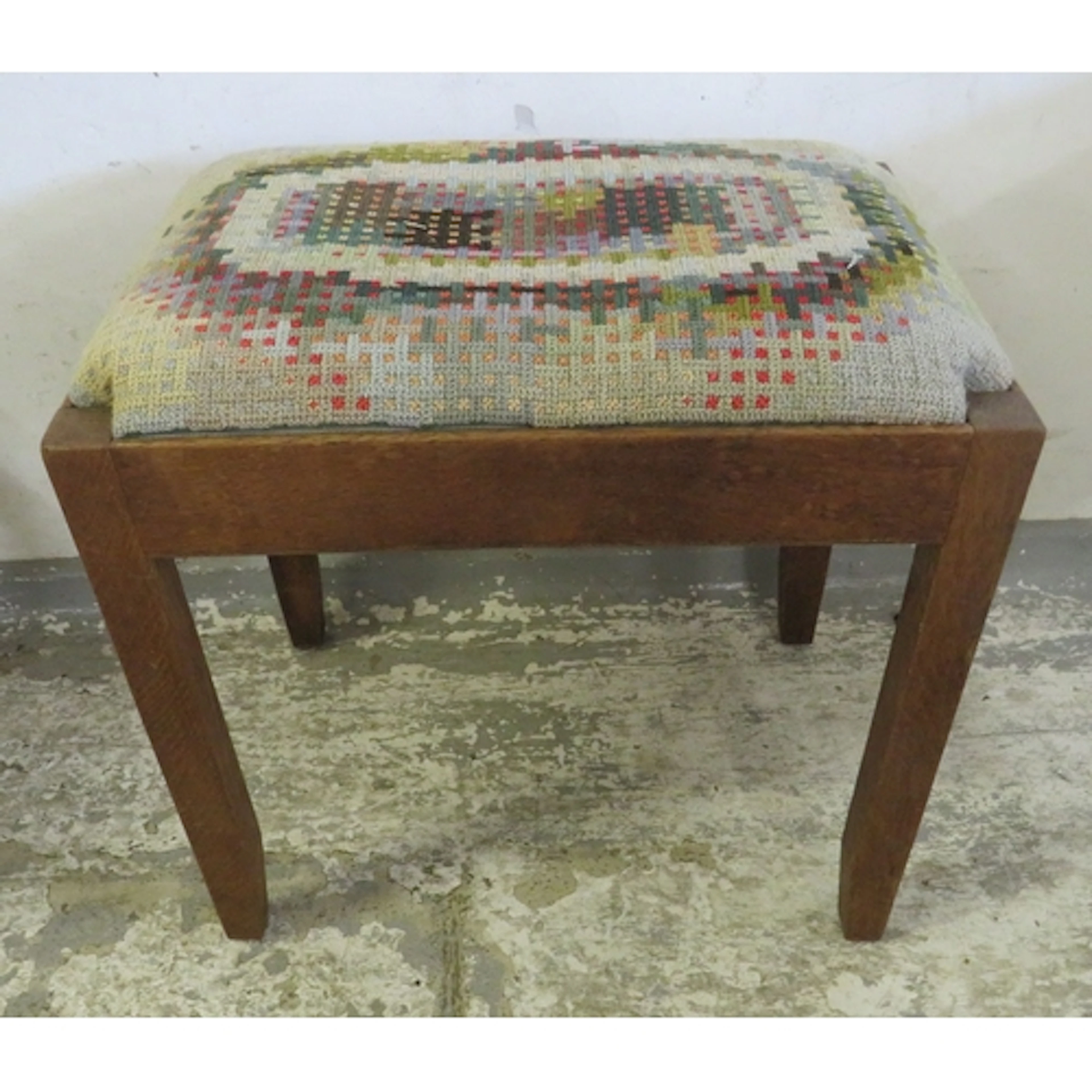 Vintage Dark wooden piano stool with multicoloured upholster...