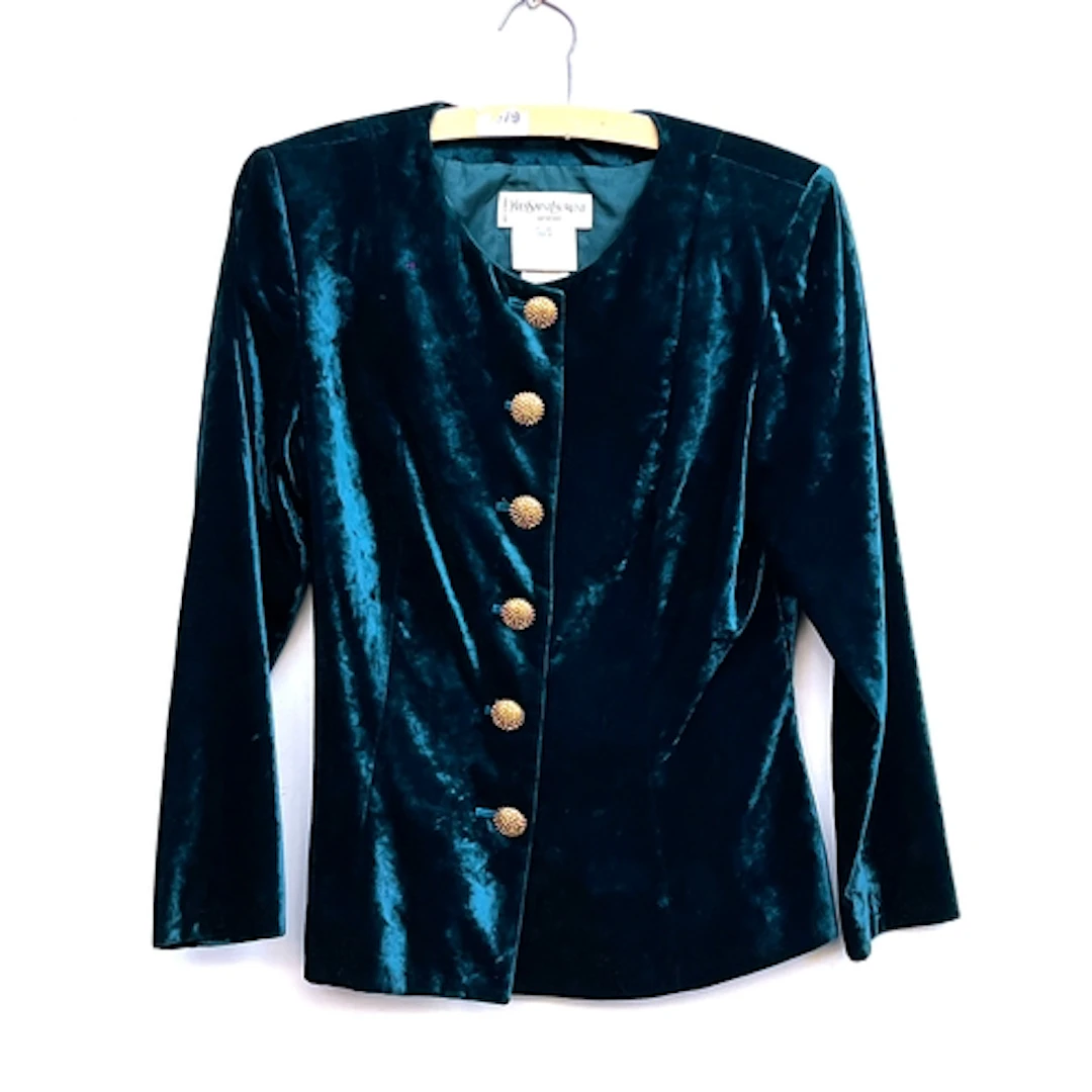 A Yves Saint Lauren petrol blue cotton blend velvet jacket w...