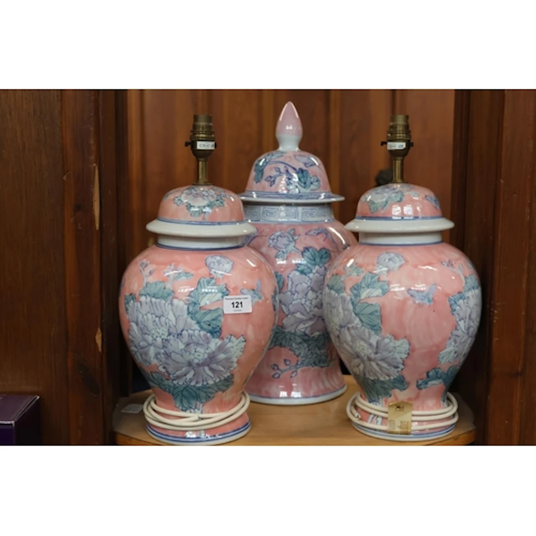 Pair of jar and cover table lamps, and a larger similar jar ...