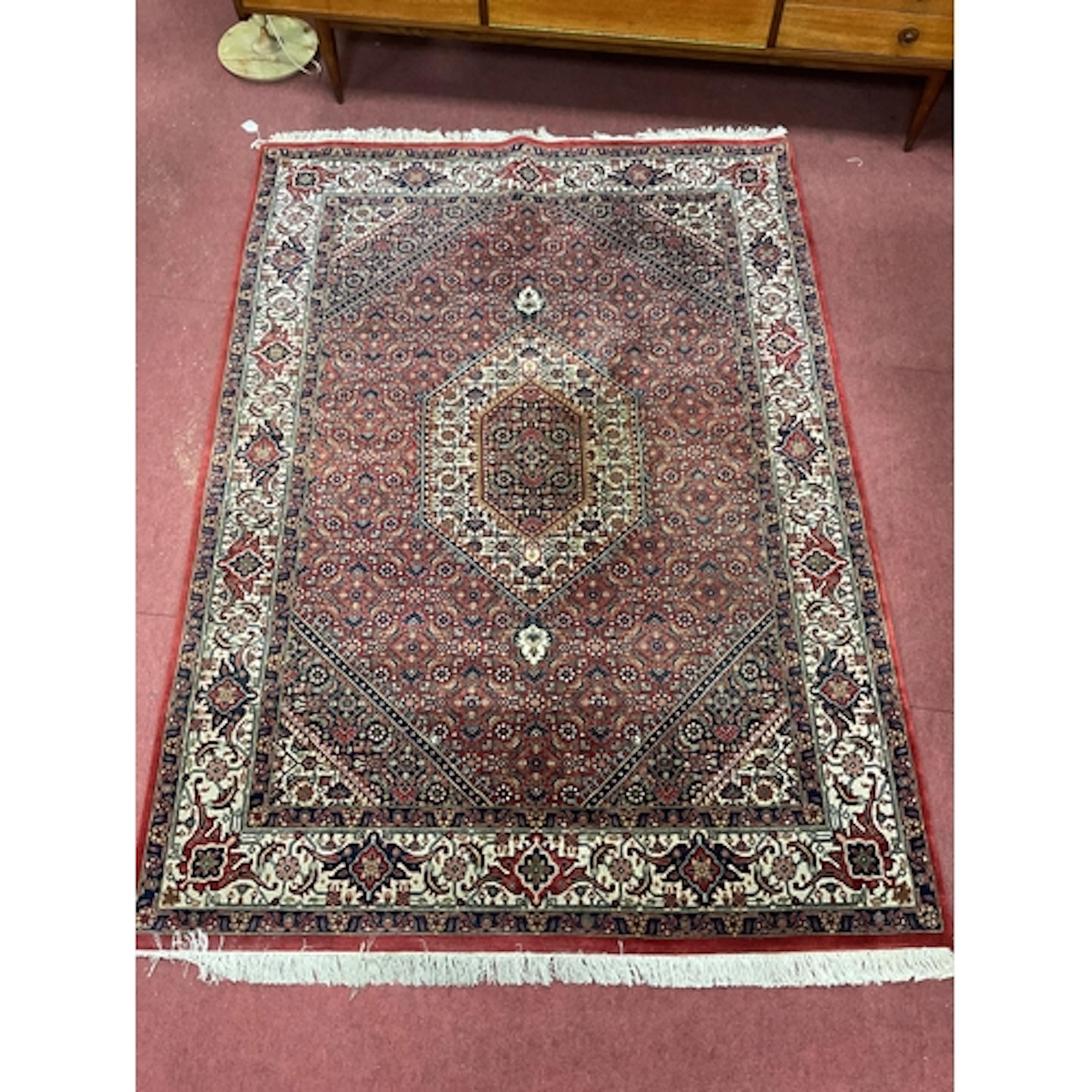 Persian Bijar Tassled Wool & Silk Pile Rug, with central hex...