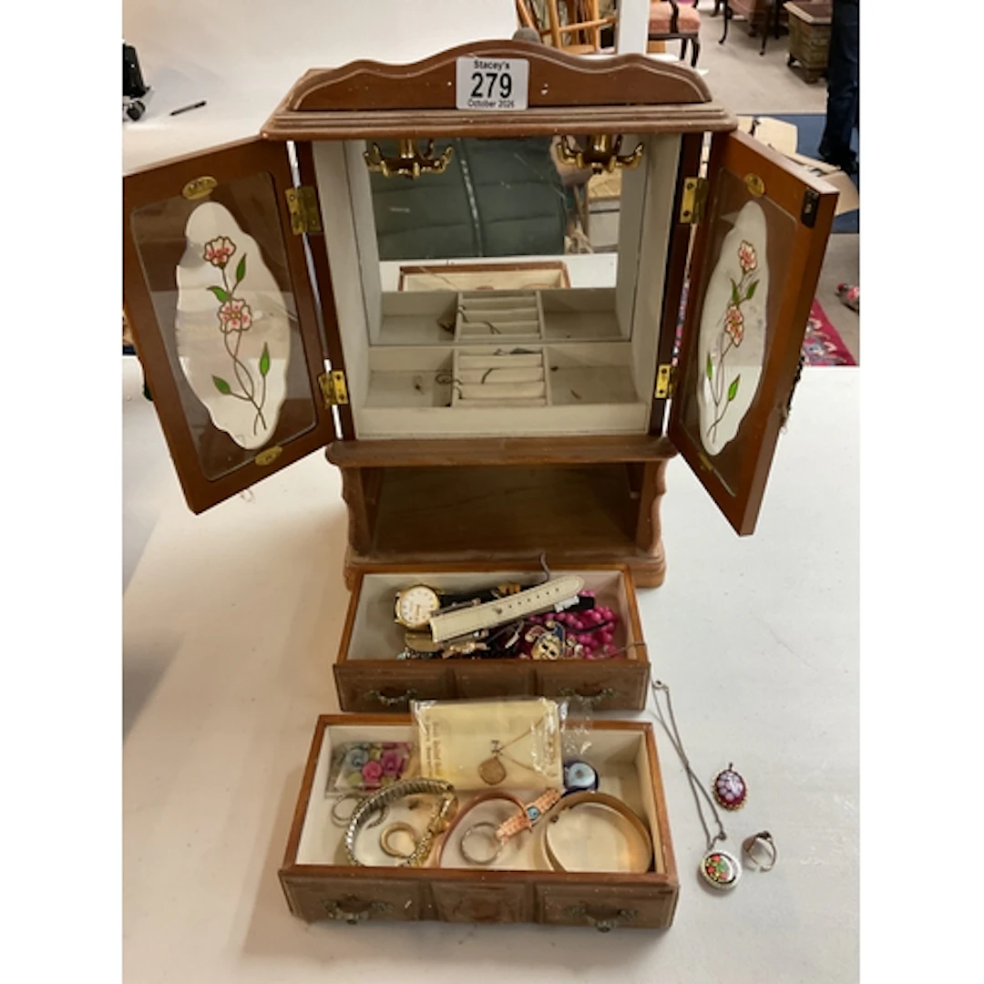 Jewellery cabinet with dress jewellery and 9 ct gold coin ri...
