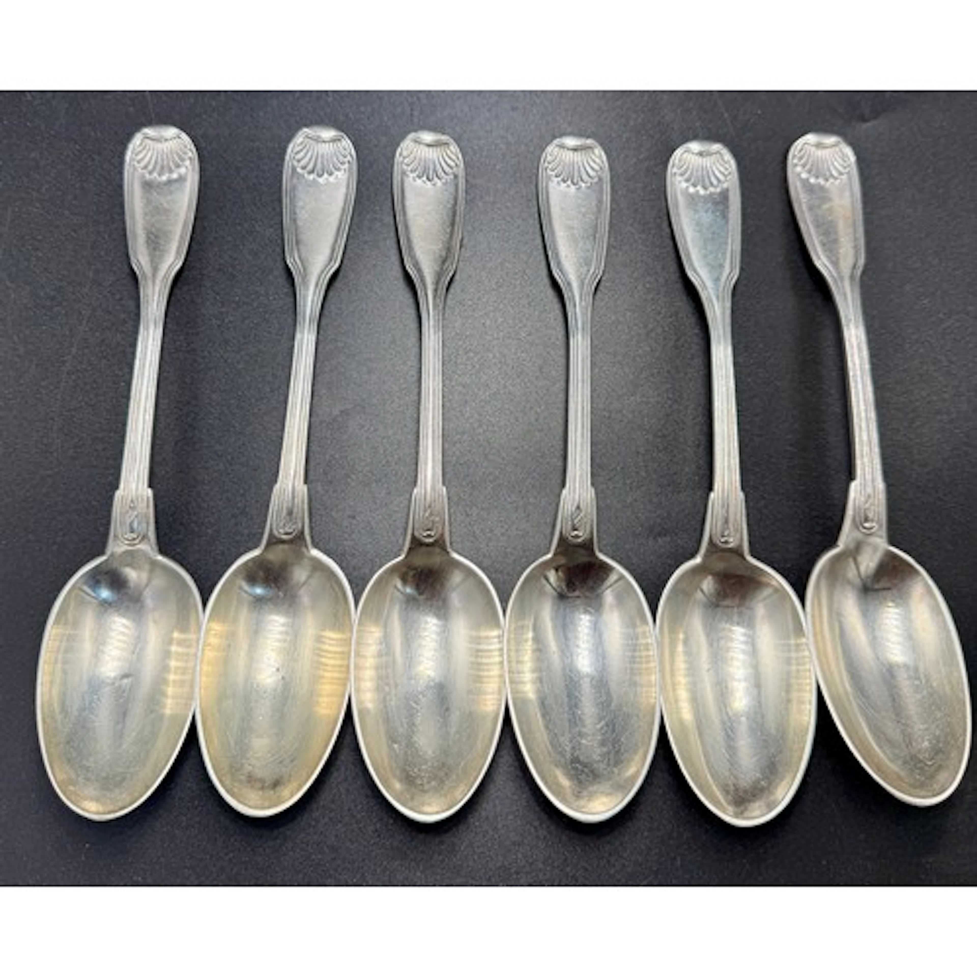 Six French Silver fiddle, thread and shell pattern dessert s...