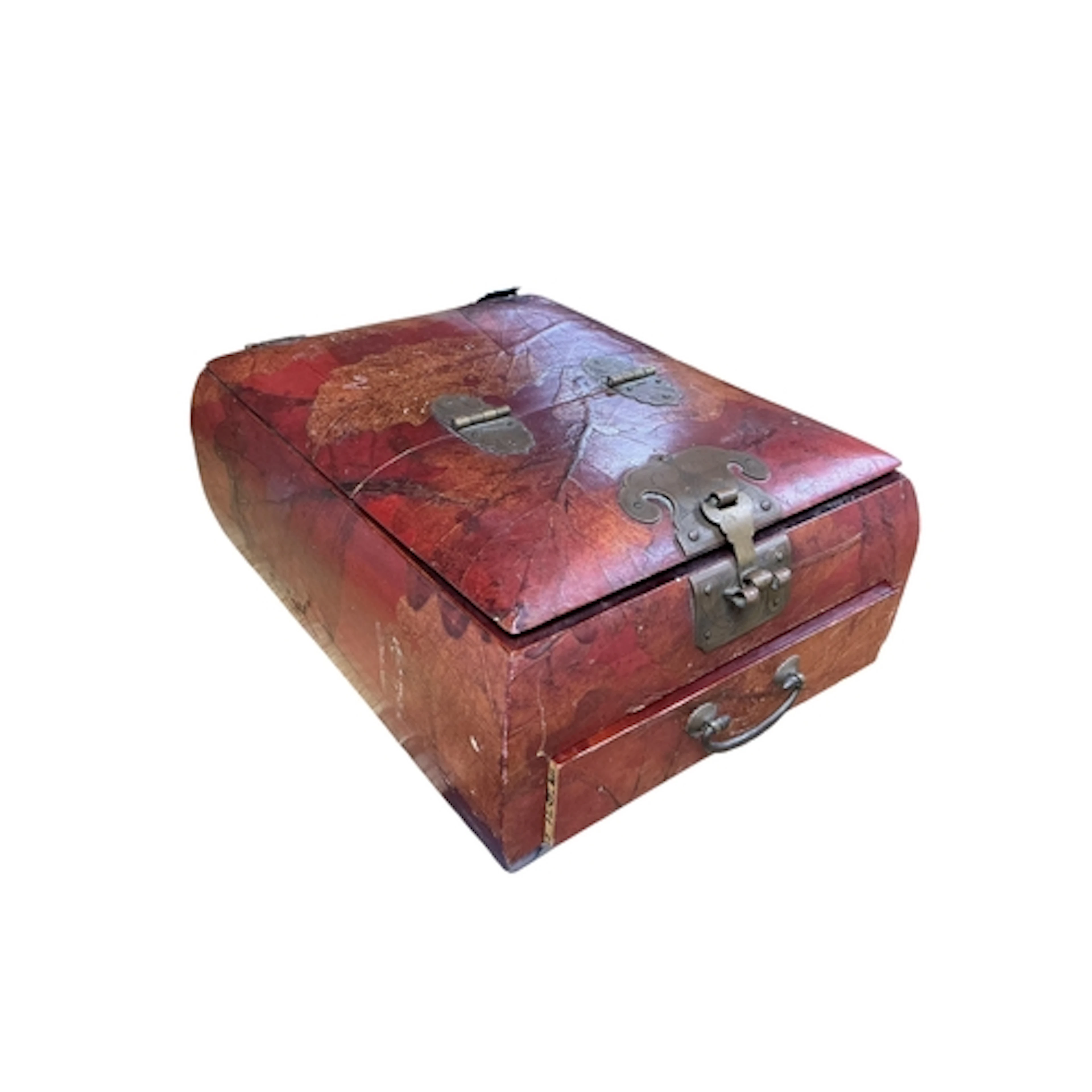 A Chinese red lacquer leaf decorated vanity box with interio...