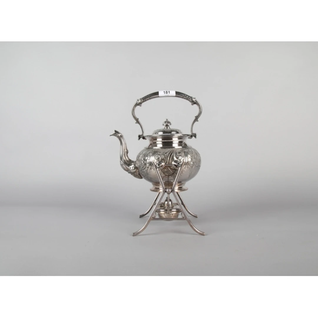 Victorian EPNS engraved spirit kettle on stand with burner. ...