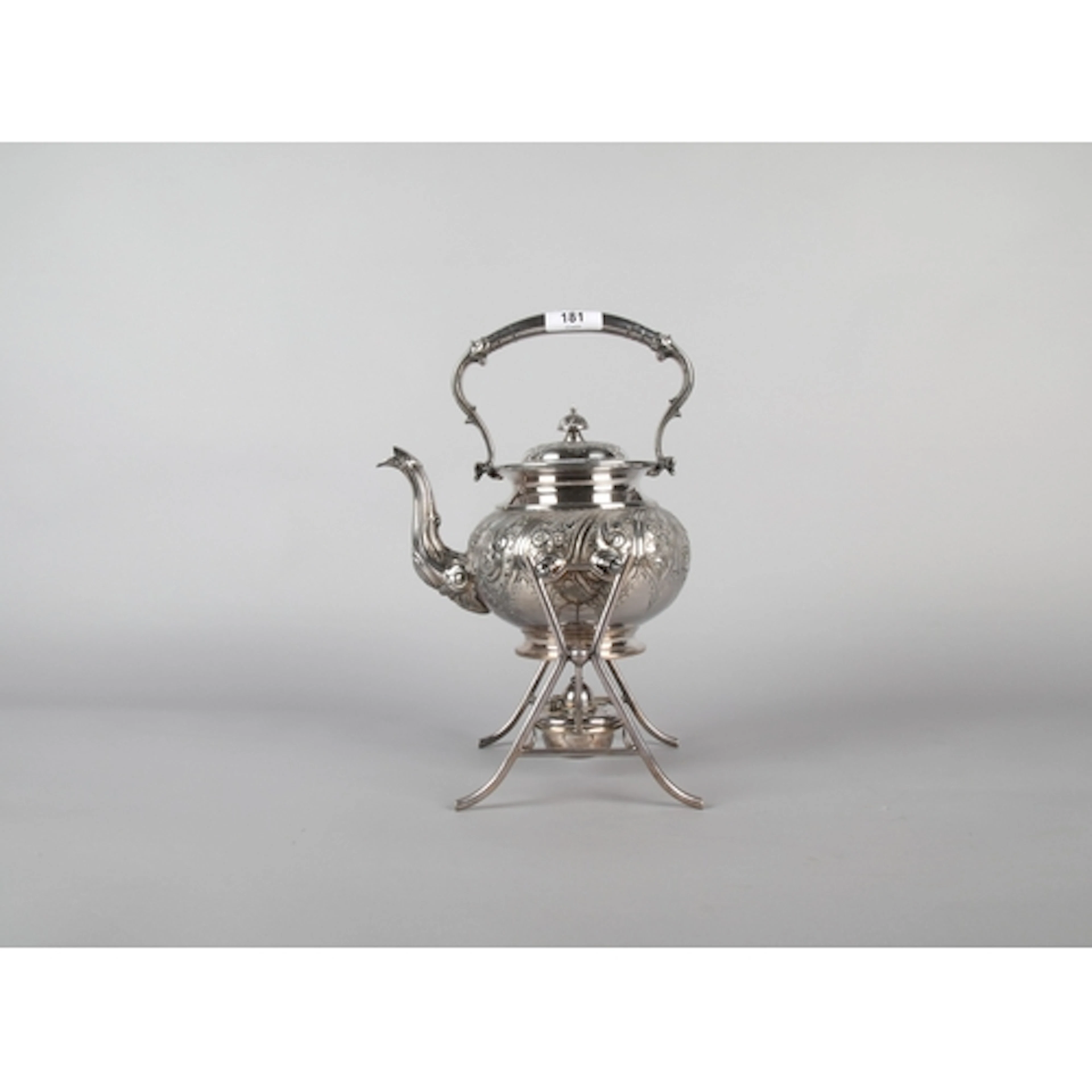 Victorian EPNS engraved spirit kettle on stand with burner. ...