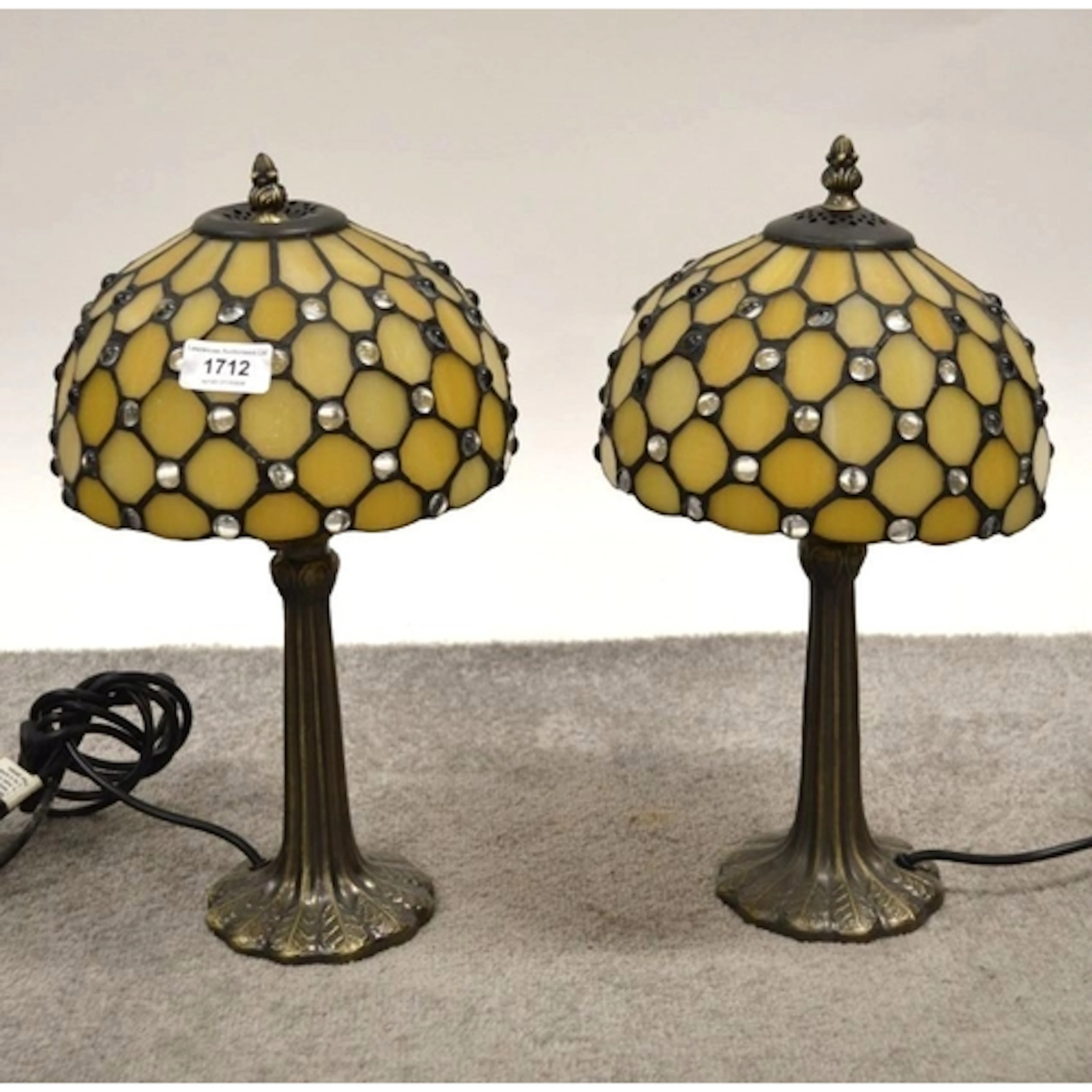 Pair of Tiffany style table lamps, with leaded glass bead wo...