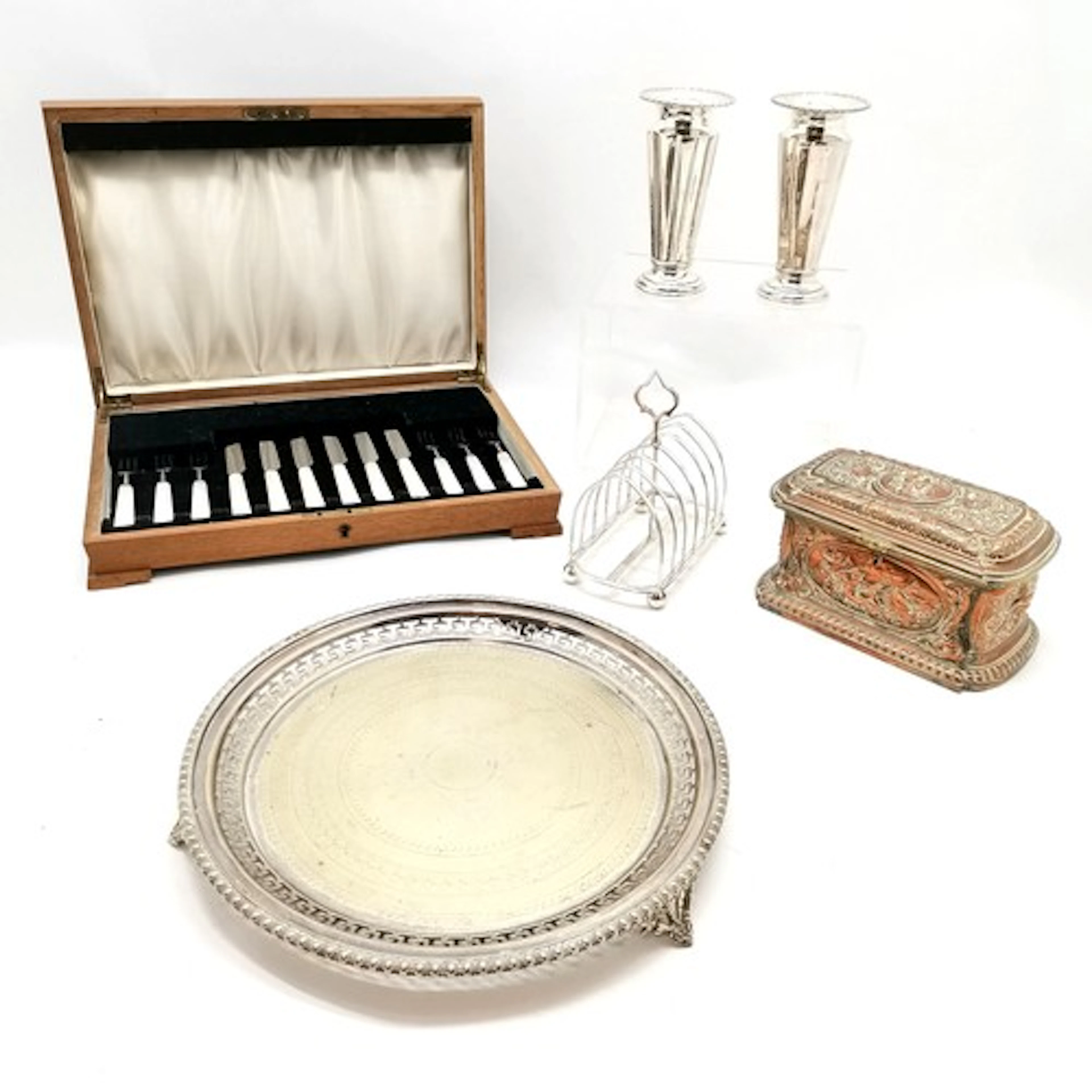 Quantity of silver plated ware incl. an embossed hinge lidde...