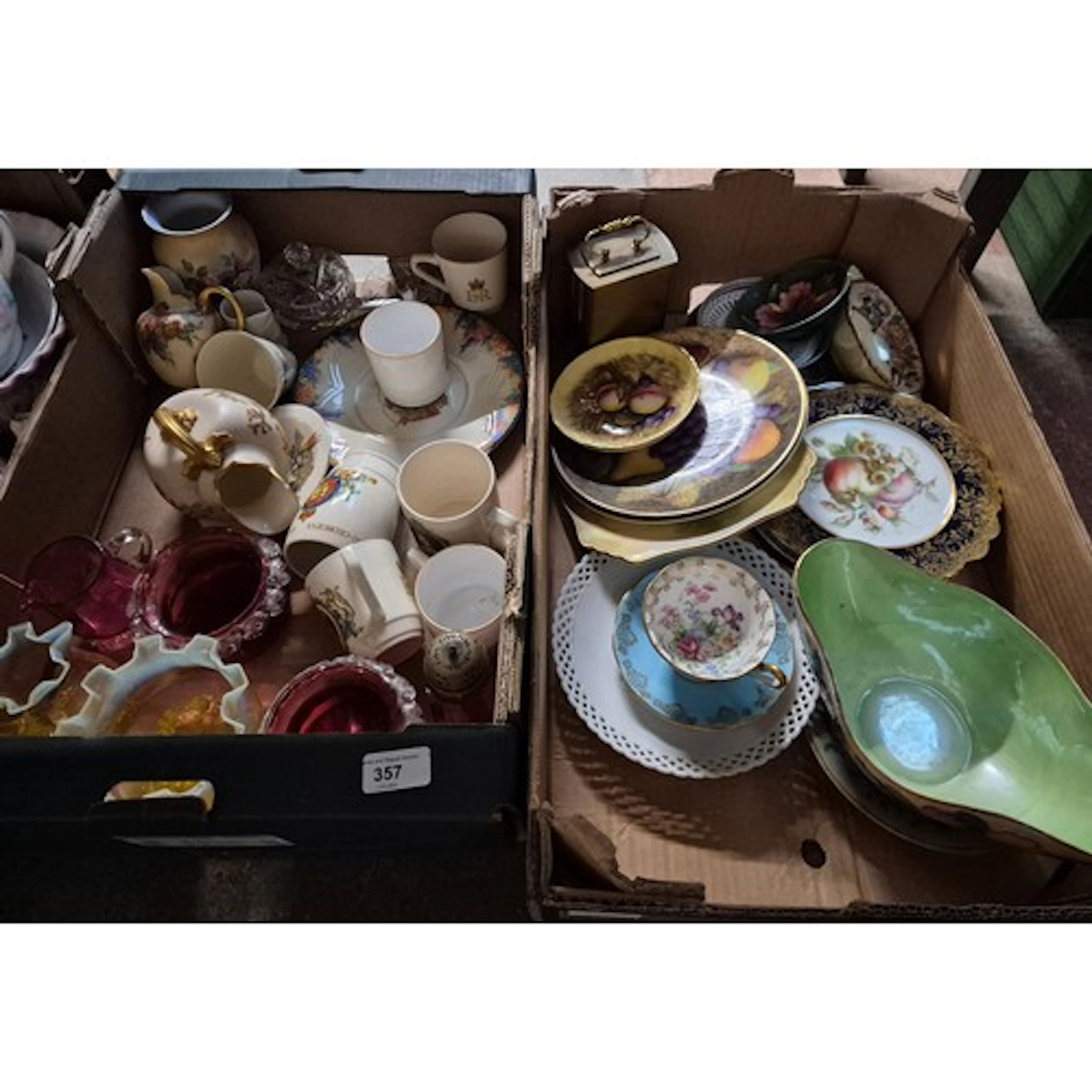 2 boxes of mixed glass and ceramics including cranberry glas...