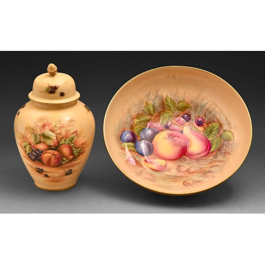 An Aynsley fruit bowl, late 20th c, printed and painted with...