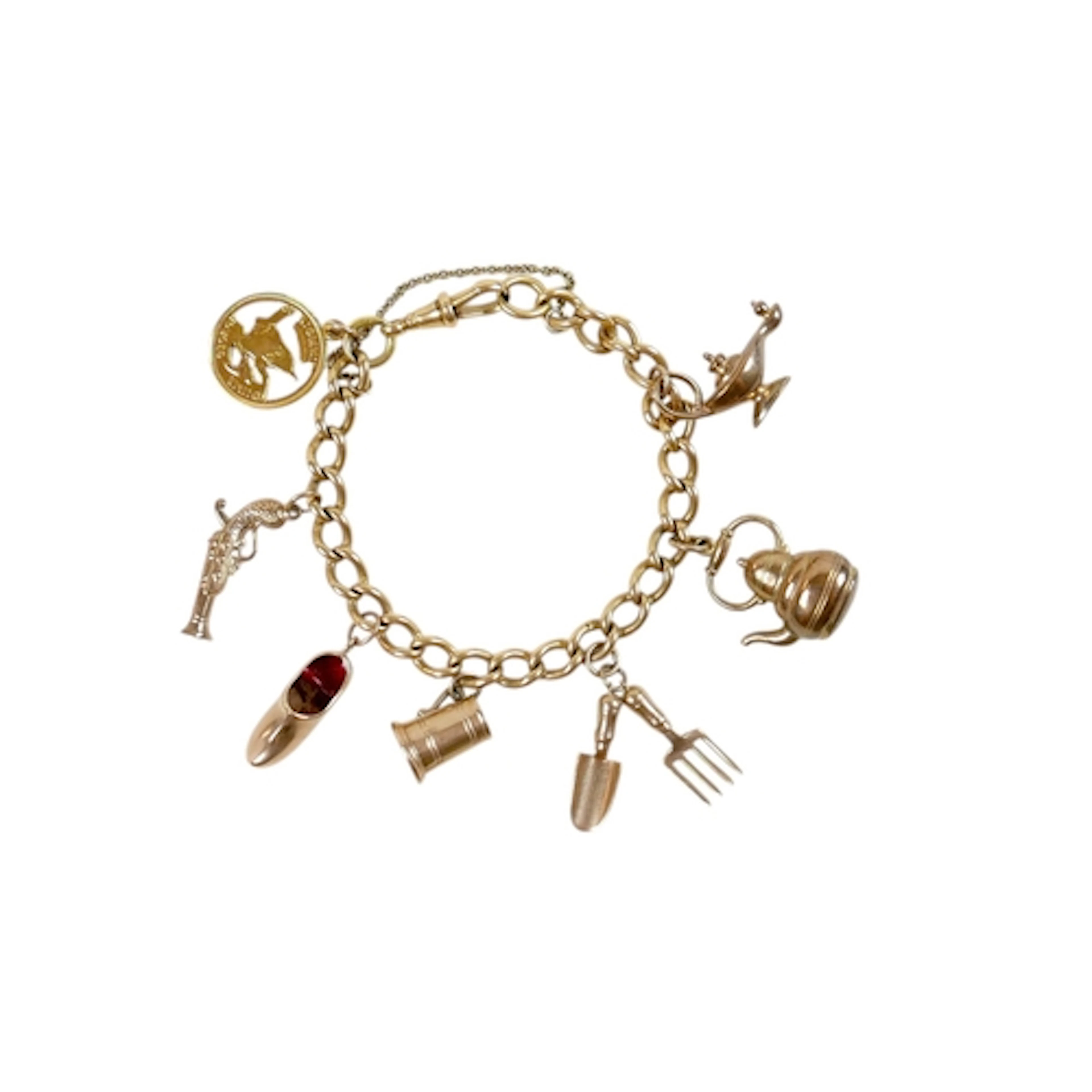 AN 18CT GOLD CHARM BRACELET WITH ASSORTED 9CT CHARMS. includ...