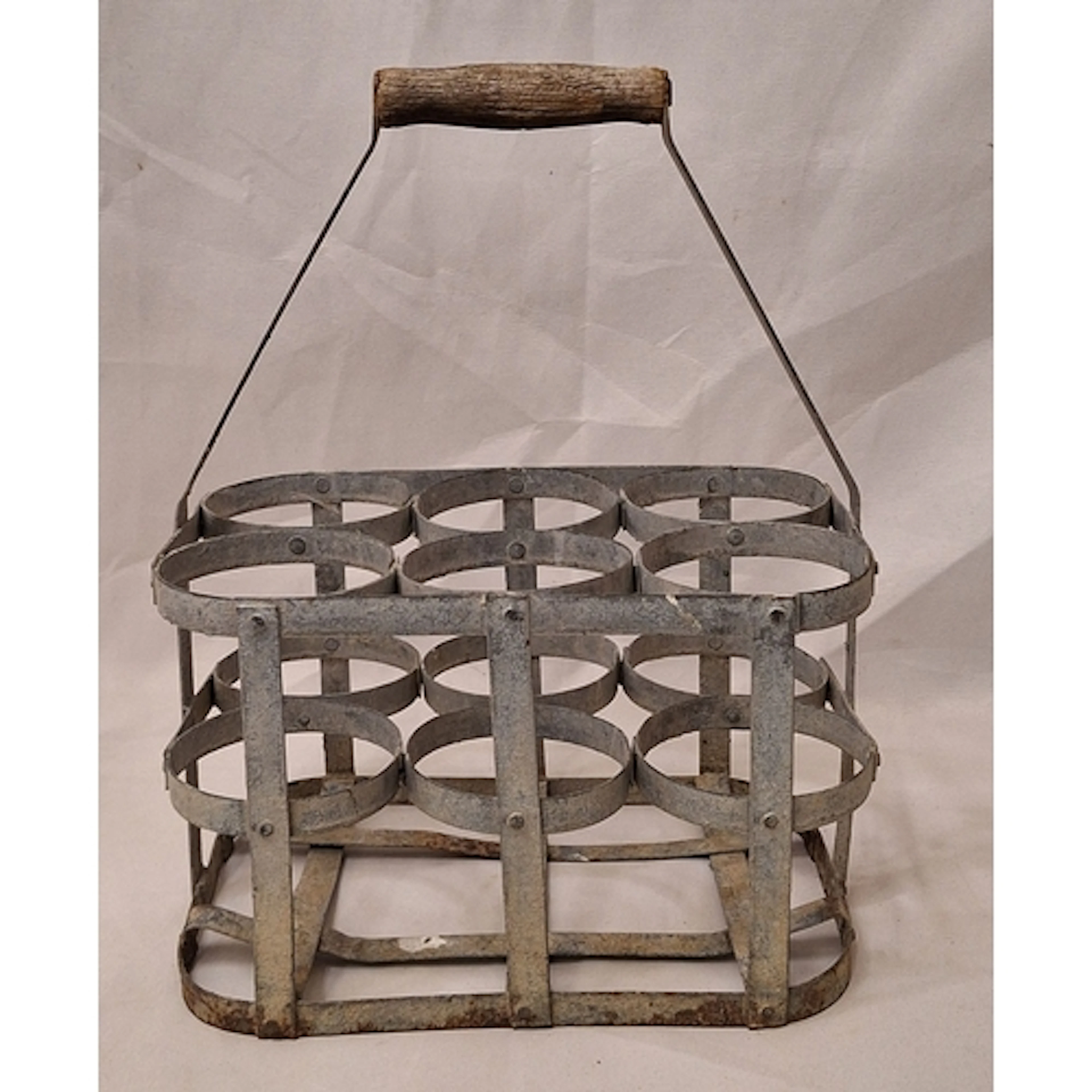 Vintage Aluminium Milk Bottle Crate for 6 bottles with woode...