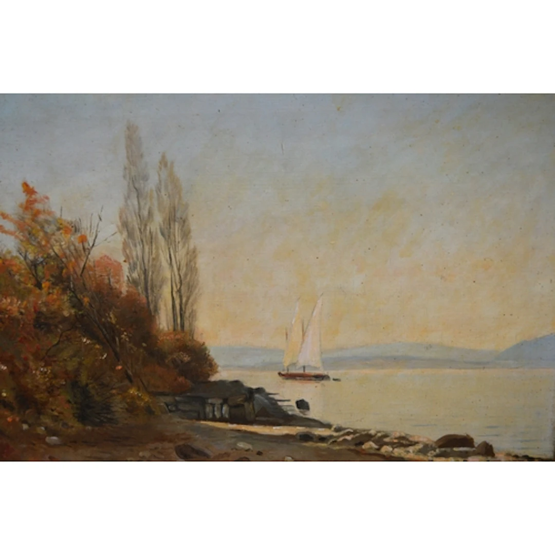 Late 19th Century oil on canvas, coastal inlet with passing ...