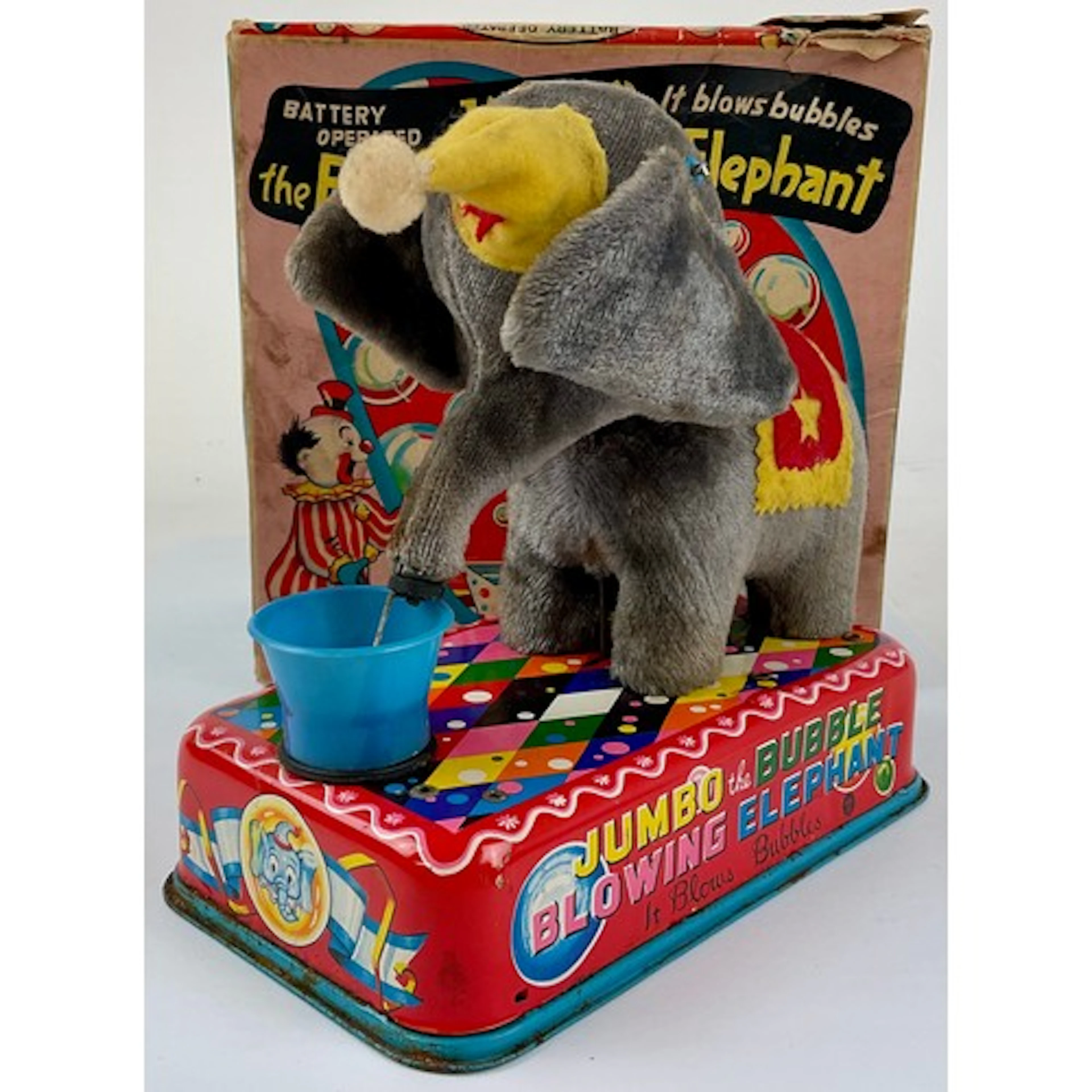 Jumbo the Bubble Blowing Elephant automaton tin plate toy, b...