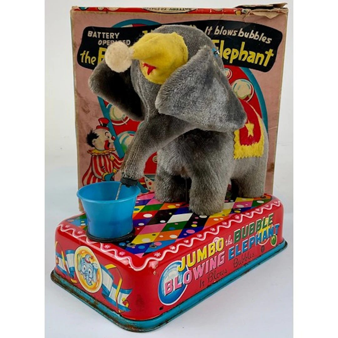 Jumbo the Bubble Blowing Elephant automaton tin plate toy, b...