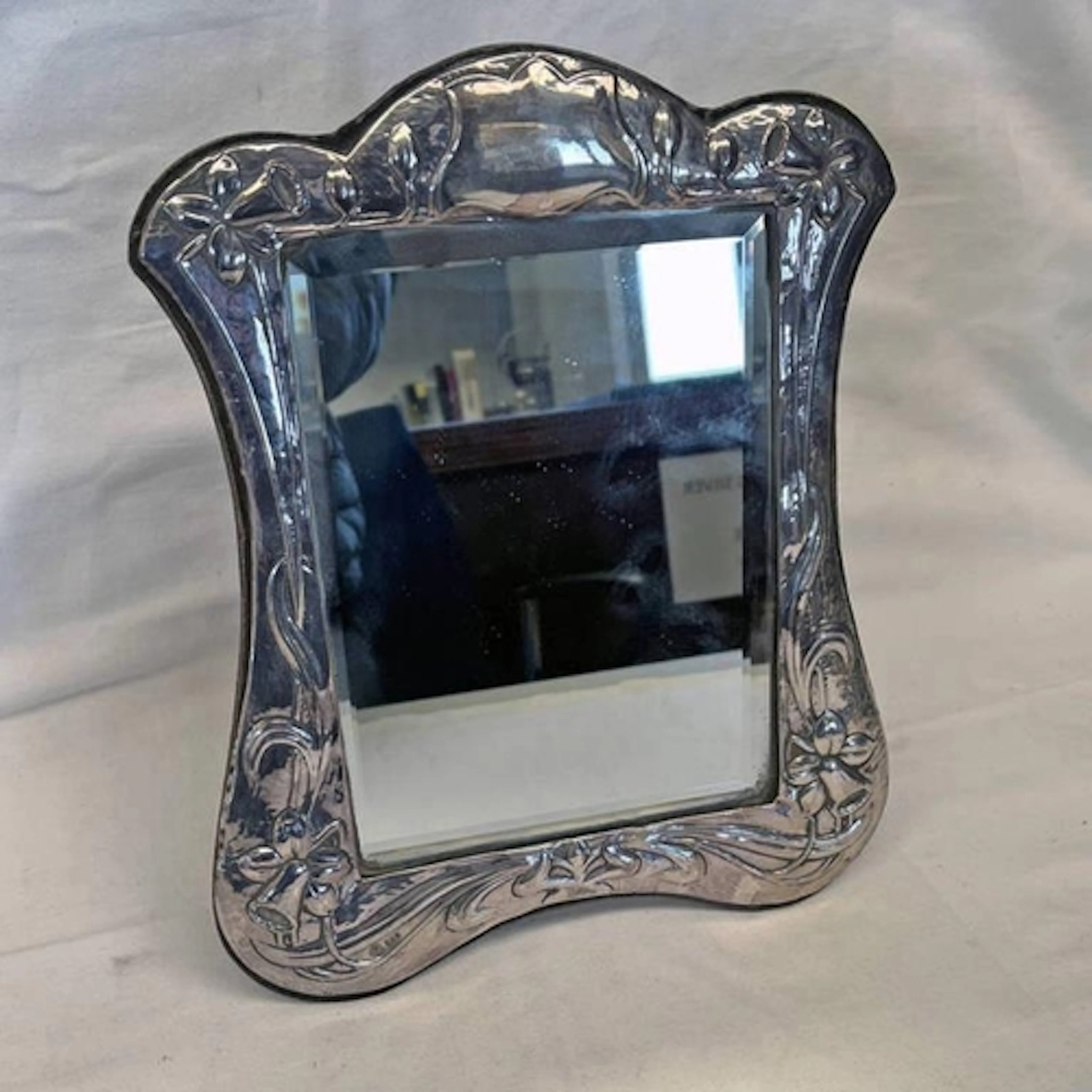 ART NOUVEAU STYLE SILVER FRAMED MIRROR EMBOSSED WITH STYLISE...