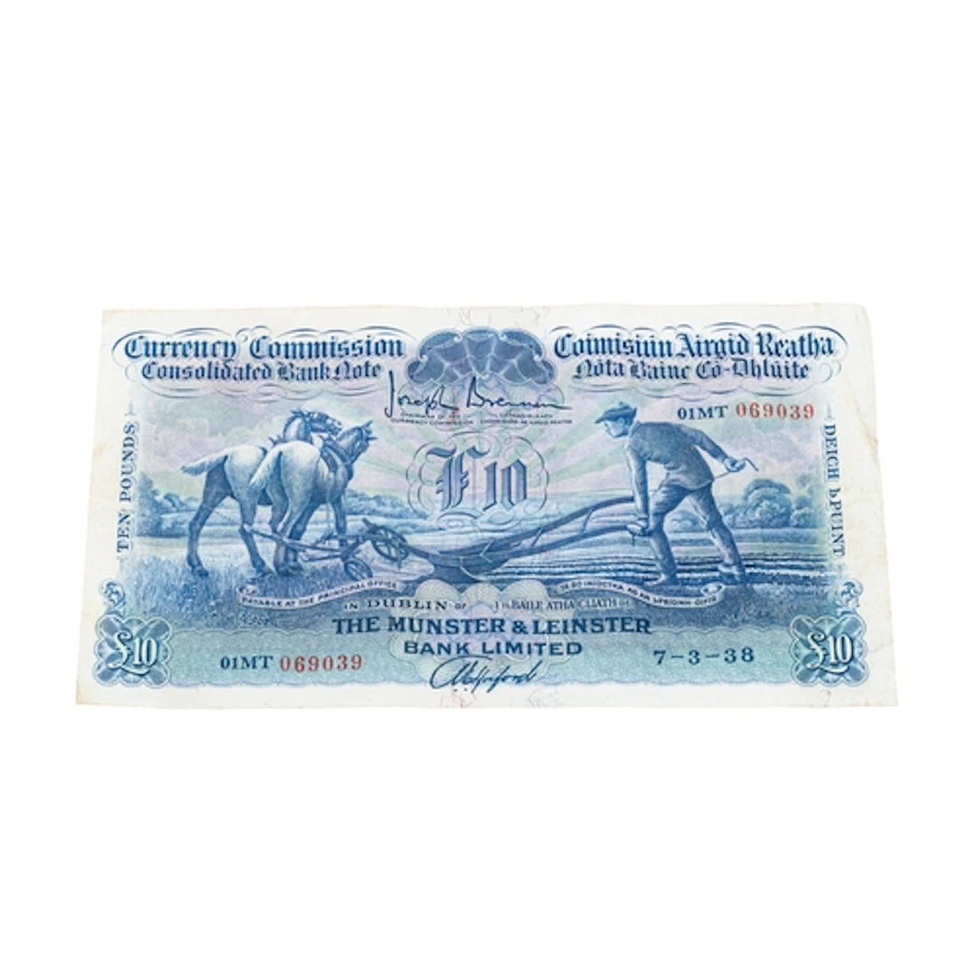 A 1938 MUNSTER & LEINSTER BANK £10 PLOUGHMAN IRISH BANKNOTE,...