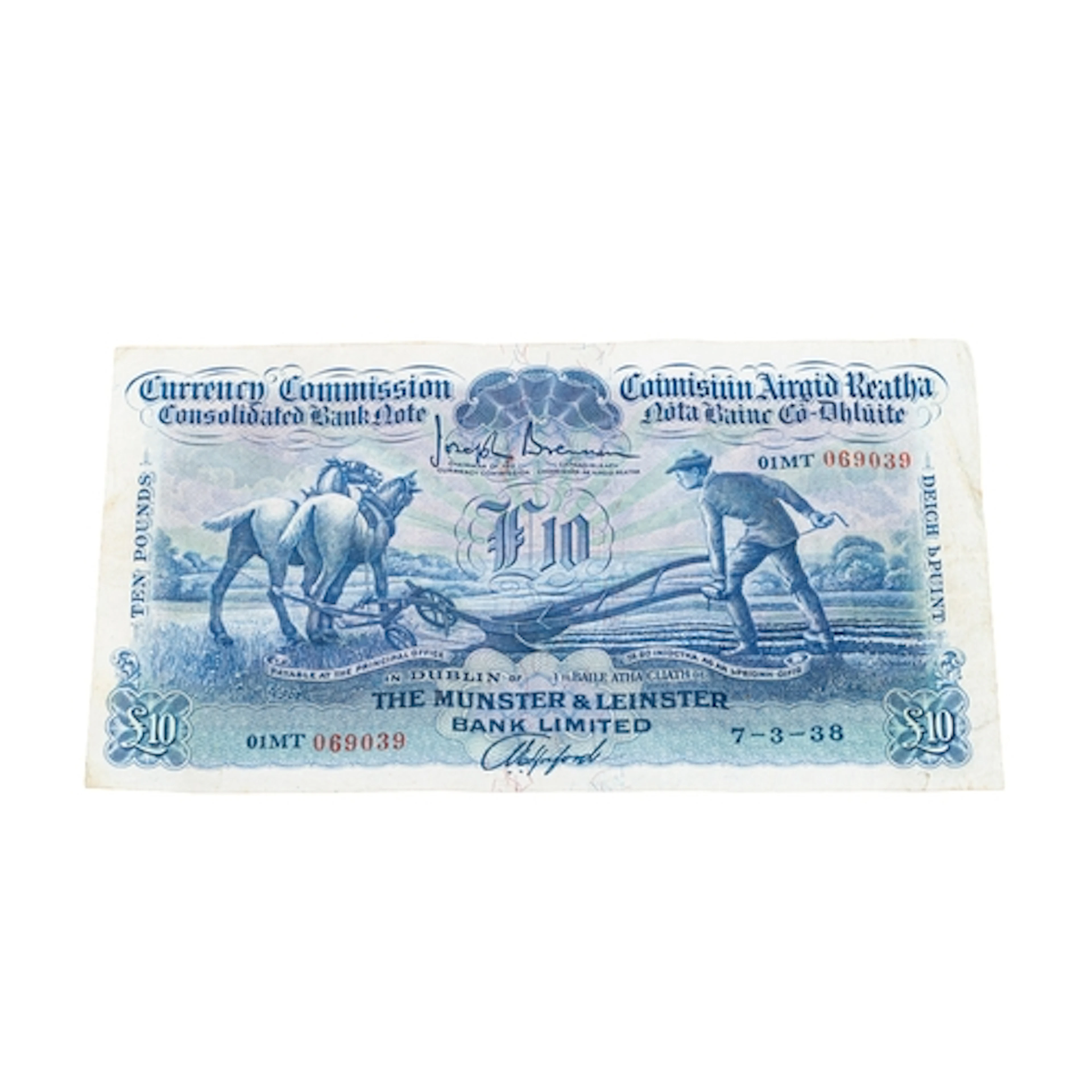 A 1938 MUNSTER & LEINSTER BANK £10 PLOUGHMAN IRISH BANKNOTE,...