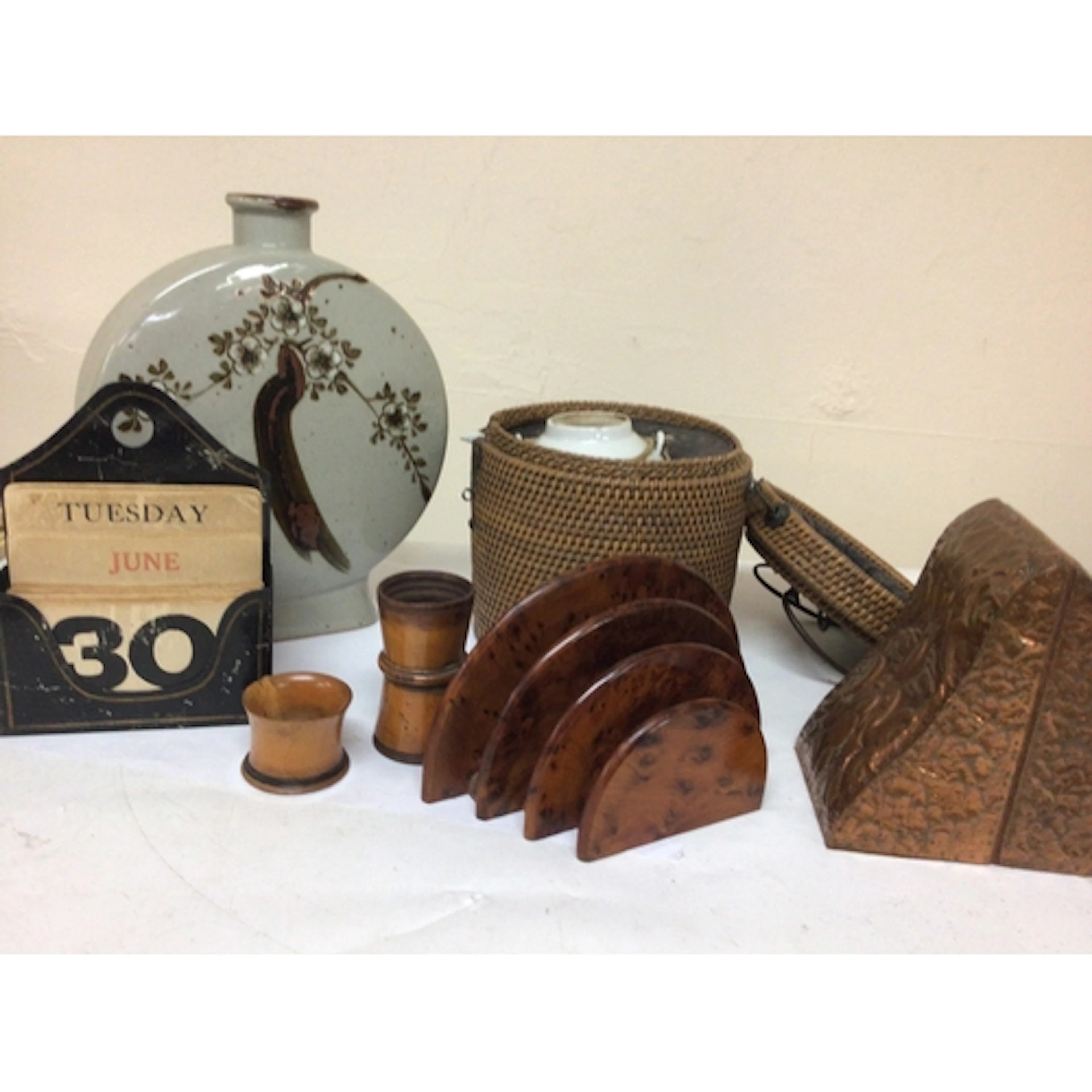 A collection of items comprising copper bookends treen Victo...
