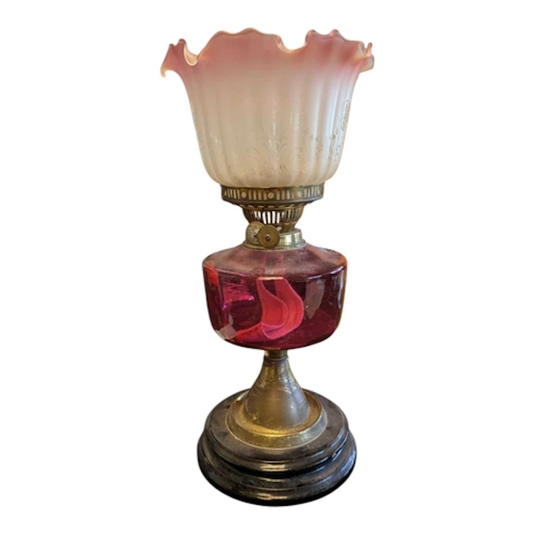 Victorian 19th century oil lamp with pink glass shade and re...