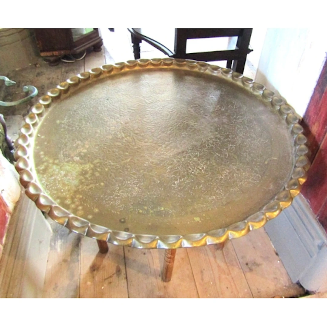 Antique Benares Tray Table with Folding Base Top Finely Engr...