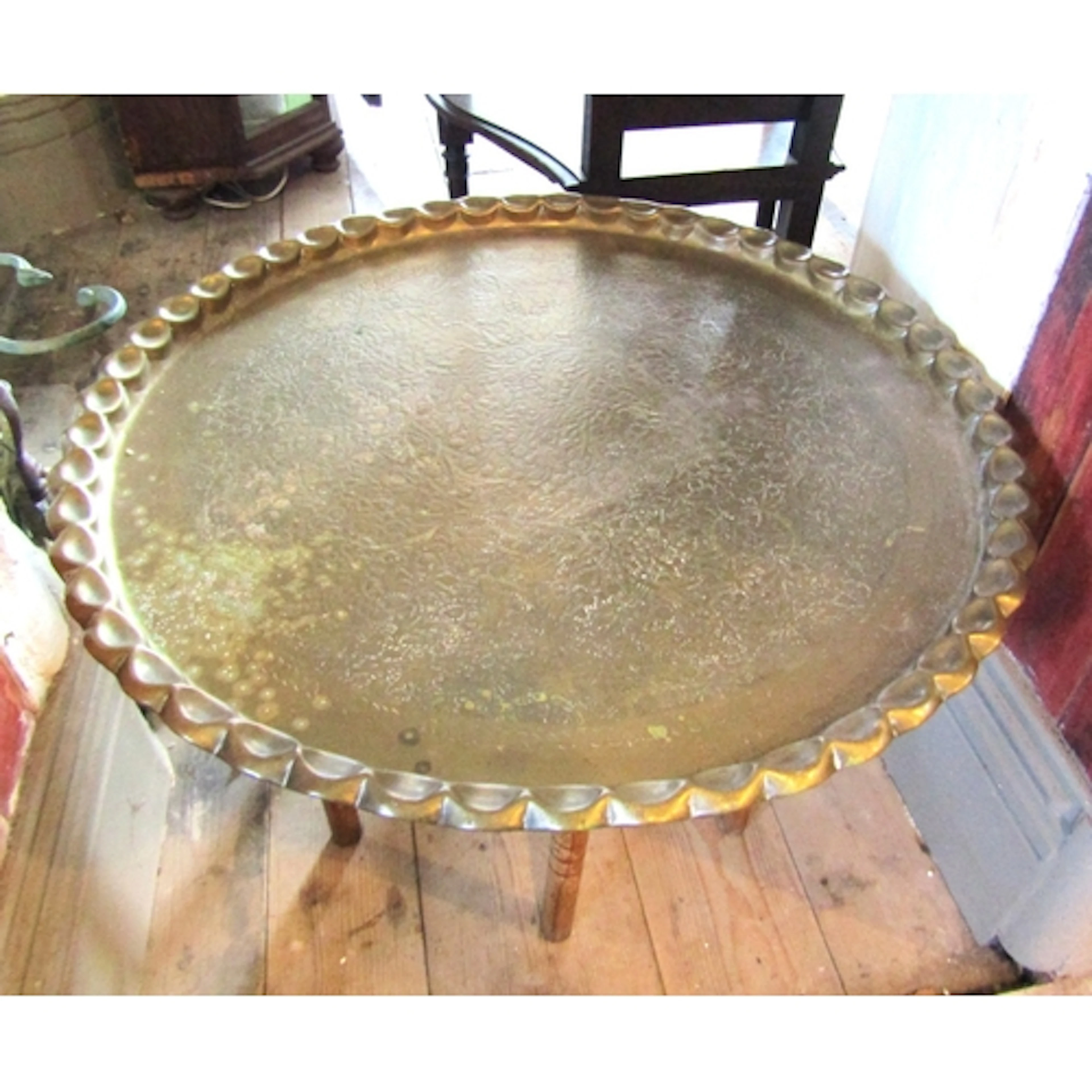 Antique Benares Tray Table with Folding Base Top Finely Engr...
