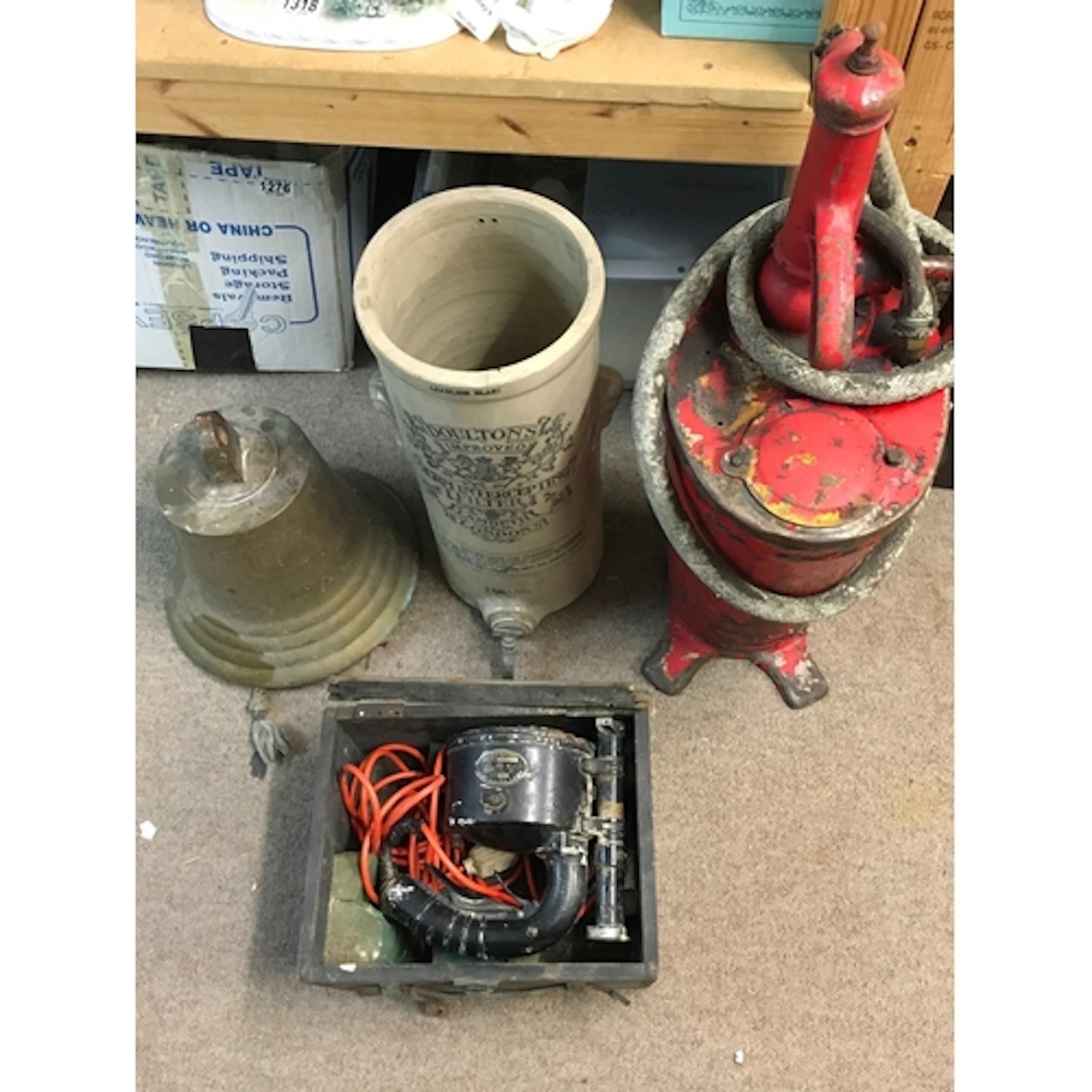 A mixed lot containing a brass bell inscribed 1976 RSK PACER...