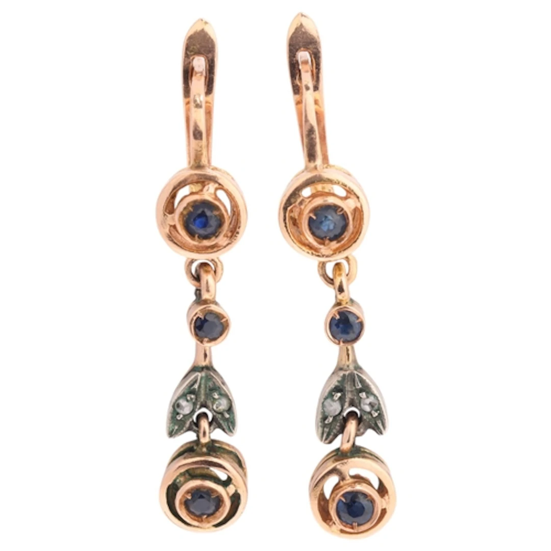 A pair of 14ct rose gold and silver sapphire and diamond dro...