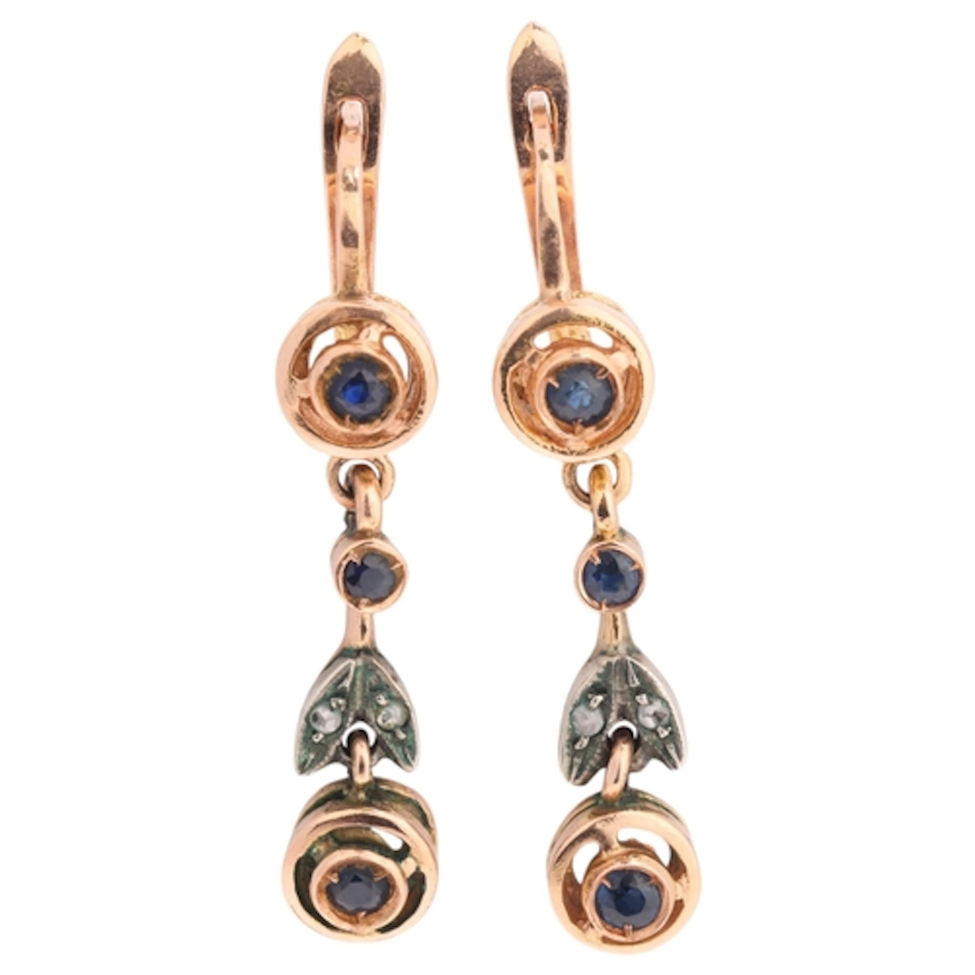 A pair of 14ct rose gold and silver sapphire and diamond dro...