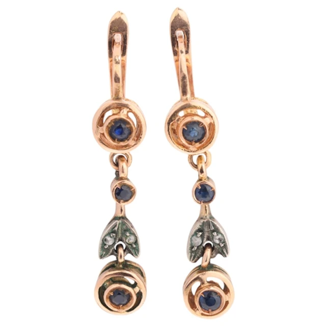 A pair of 14ct rose gold and silver sapphire and diamond dro...
