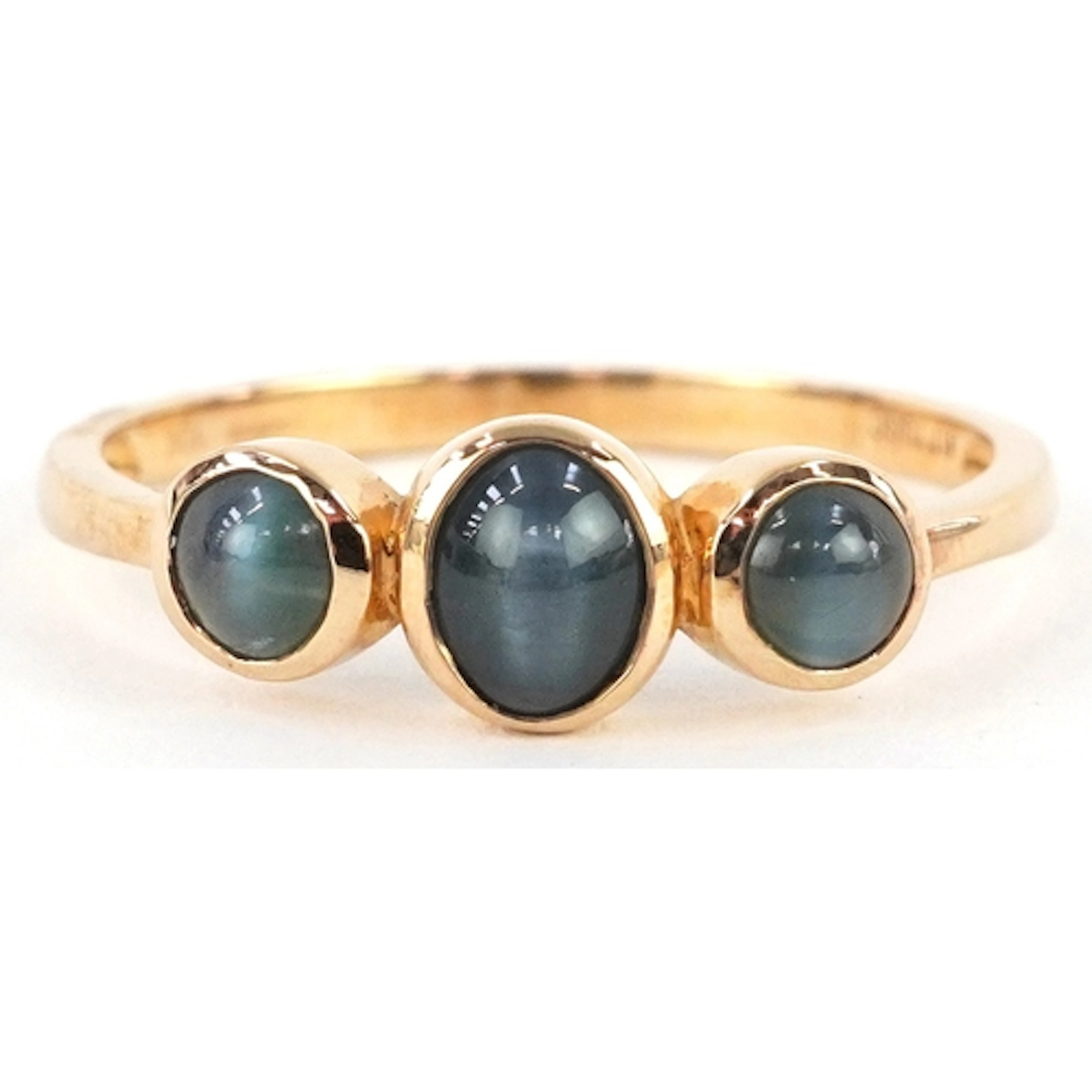 10K gold cabochon chrysoberyl cat's eye trilogy ring, size R...