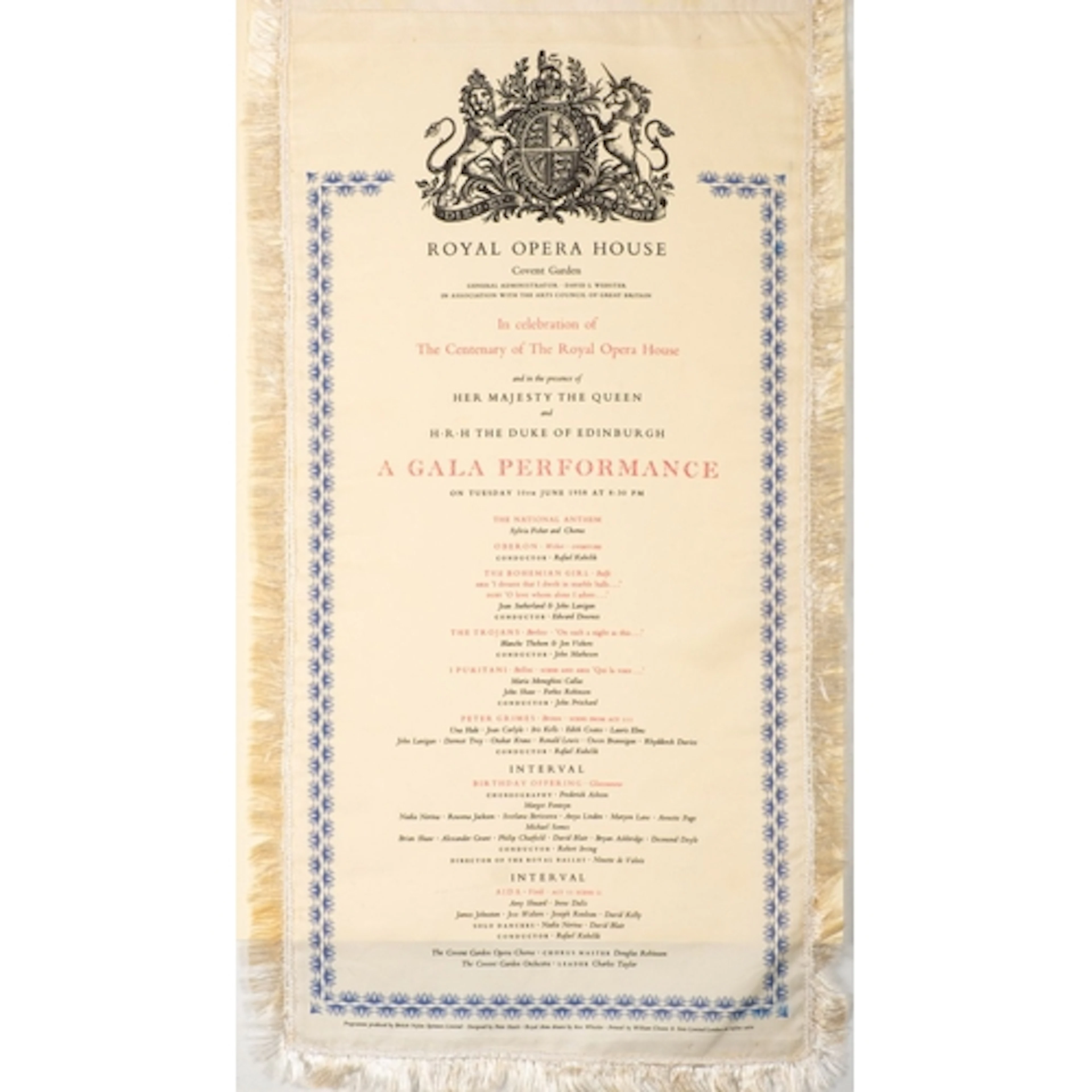 A Royal Opera House Centenary programme. Printed on silk hav...