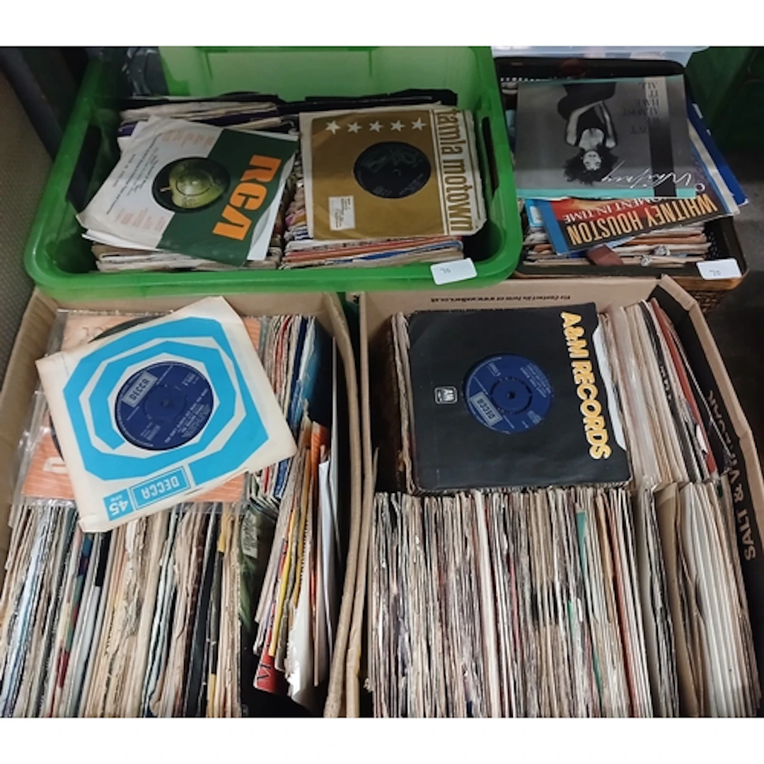 Four boxes of assorted 7" vinyl singles, unchecked, sold as ...