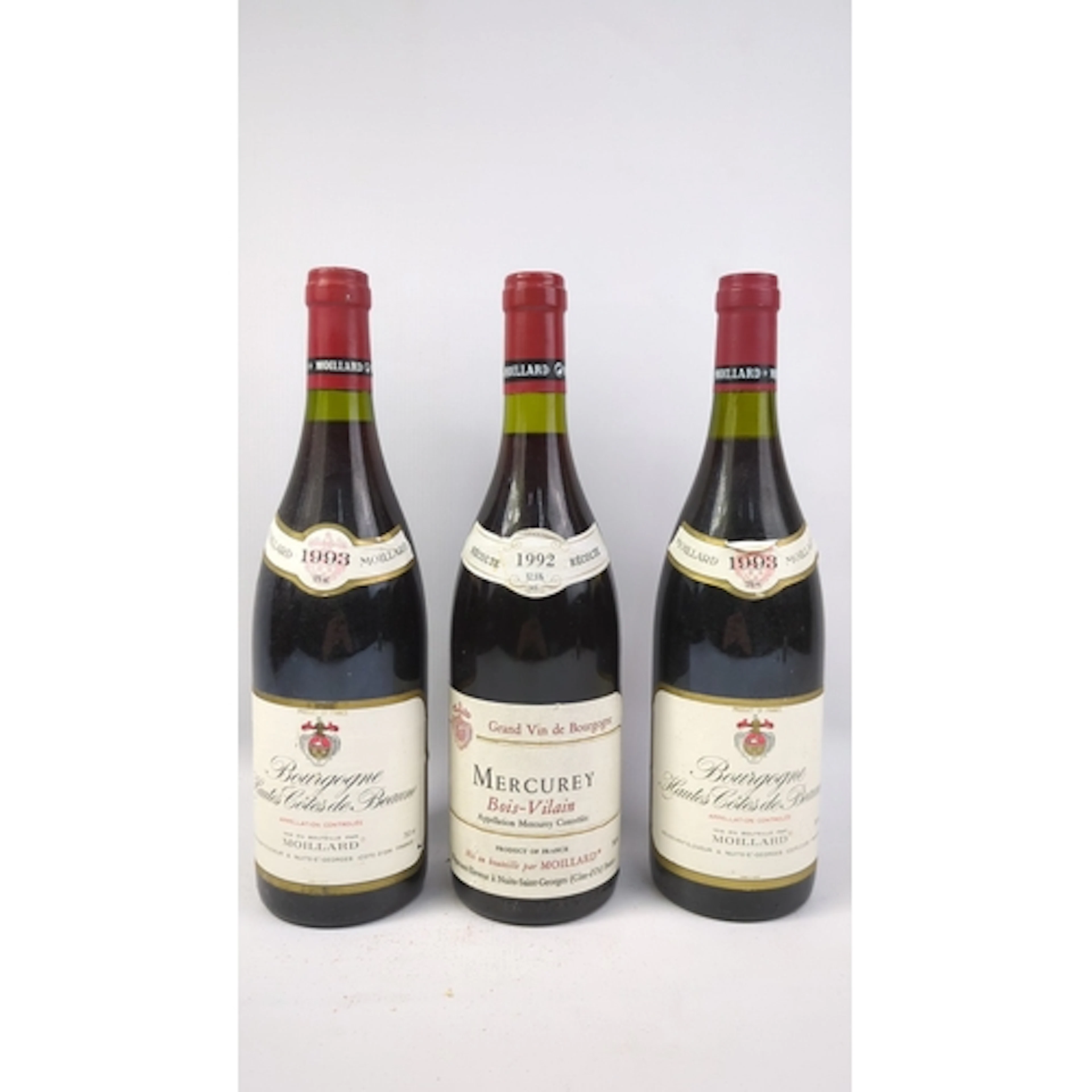 3 x bottles of French Burgundy red wine by Moillard: 2 x Bou...