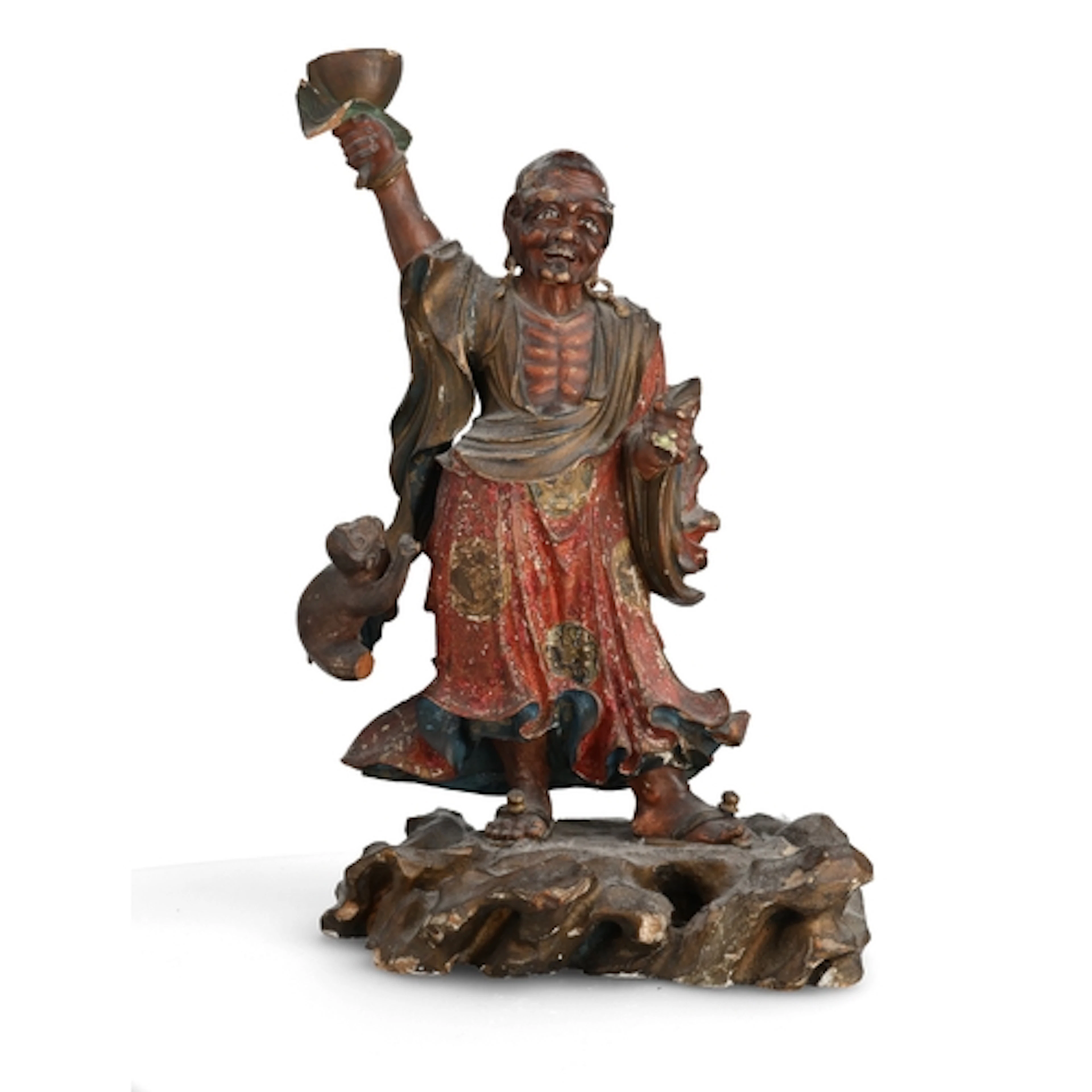 AN ANTIQUE SOUTH ASIAN POLYCHROME WOODEN FIGURE 29.5 cm H...