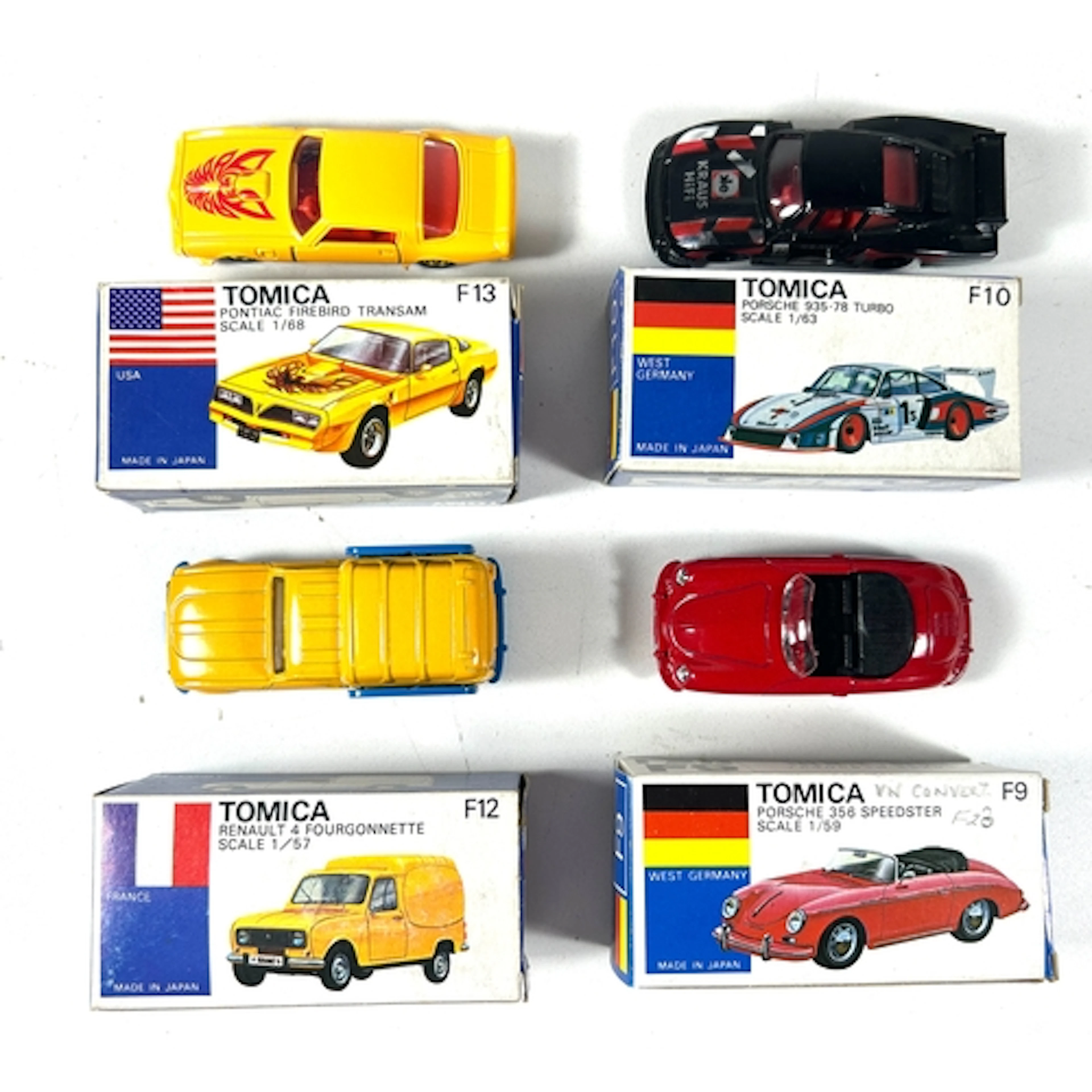 4 Tomica models inc 'Renault 4 Fourgonnette No.F12. Porsche...