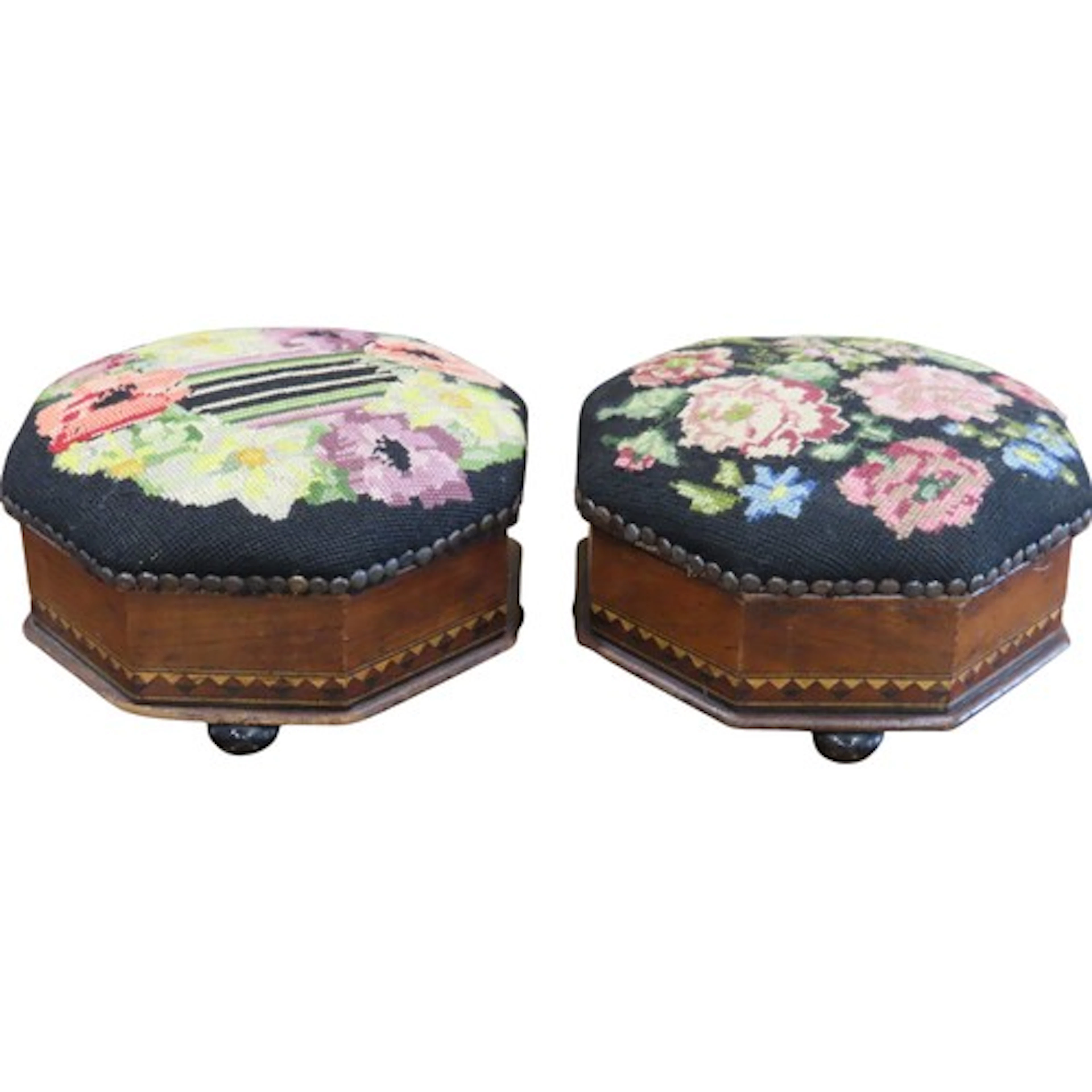 A pair of Victorian walnut hexagonal footstools with floral ...