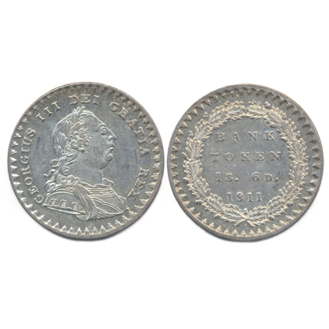 1811 eighteenpence bank token, draped and laureate bust faci...